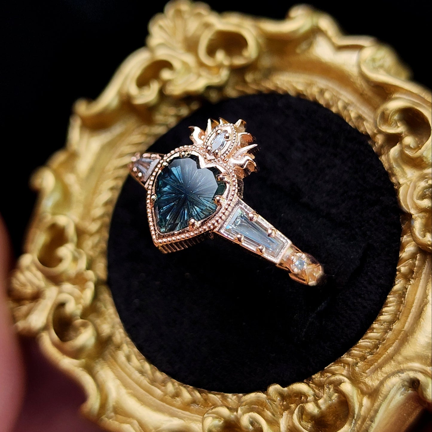 Cosmic Love Flaming Heart Ring with Blue Montana Sapphire in Rose Gold image 3
