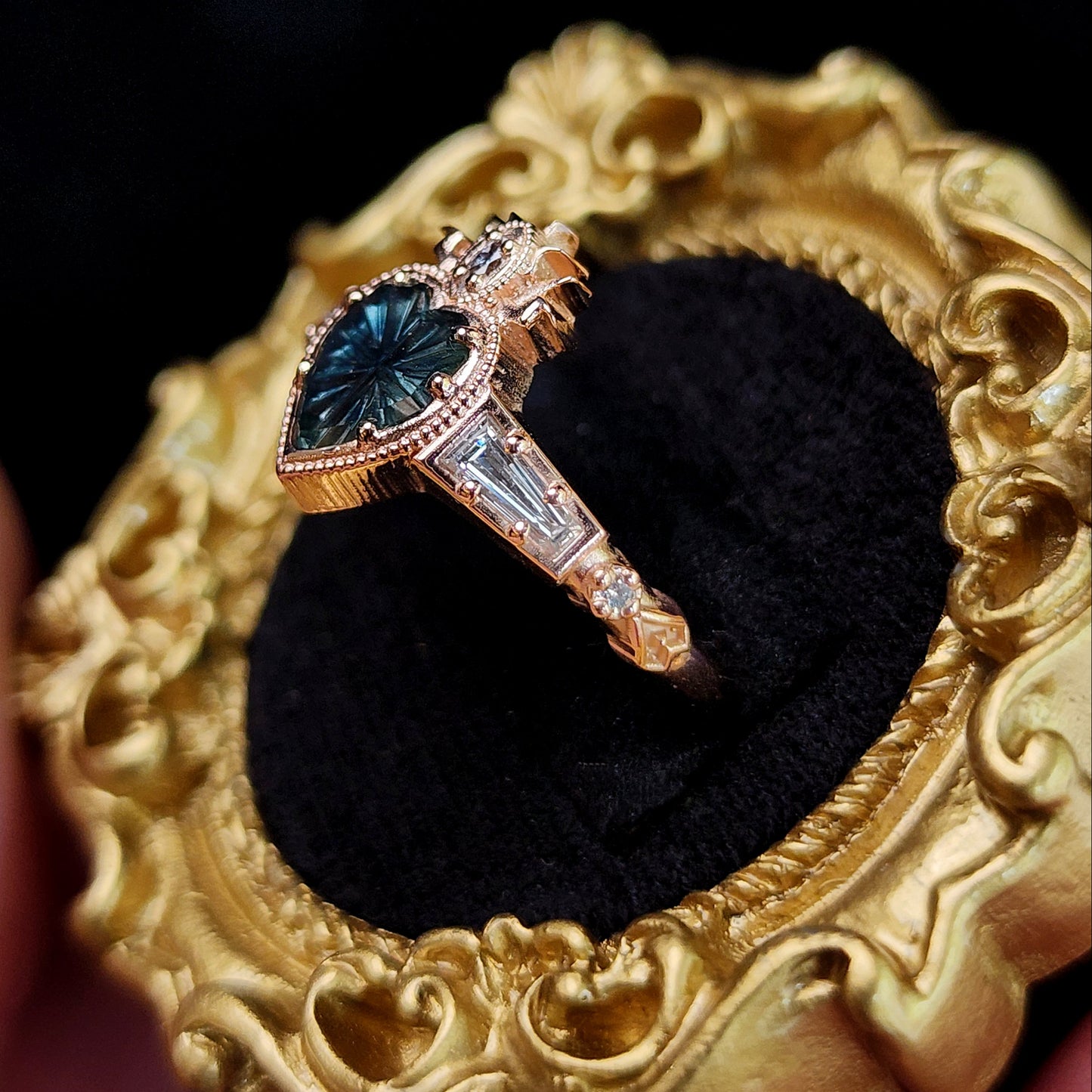 Cosmic Love Flaming Heart Ring with Blue Montana Sapphire in Rose Gold image 2
