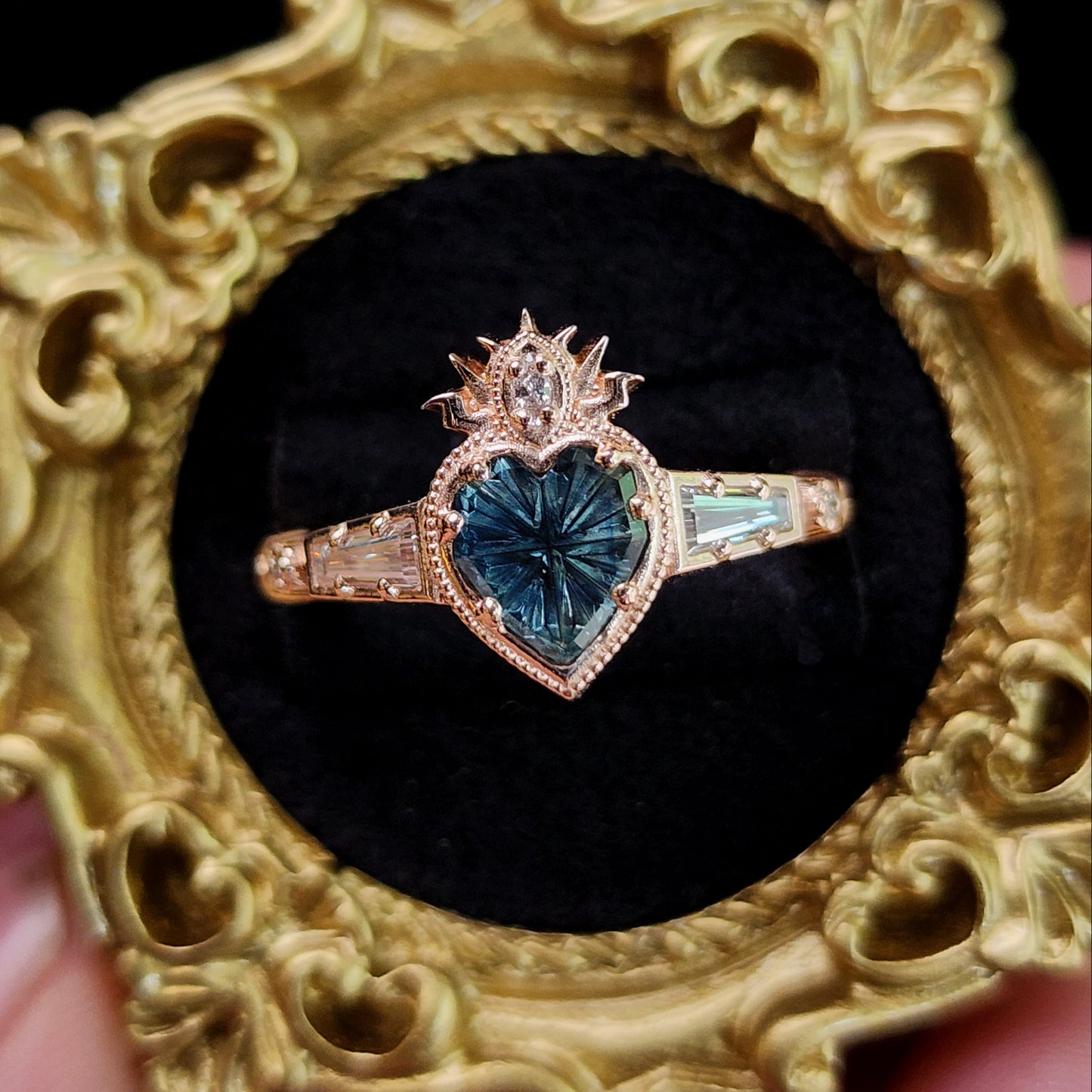 Cosmic Love Flaming Heart Ring with Blue Montana Sapphire in Rose Gold image 1