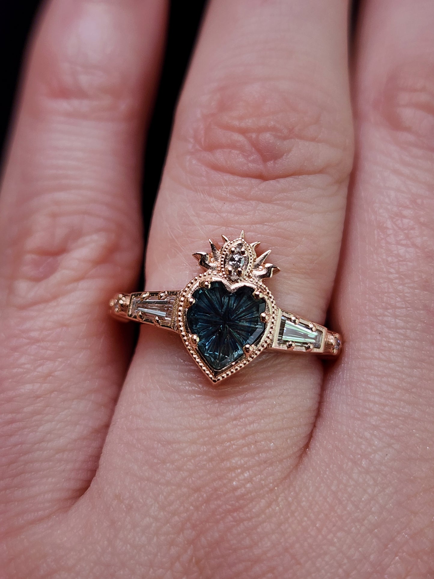 Cosmic Love Flaming Heart Ring with Blue Montana Sapphire in Rose Gold image 11