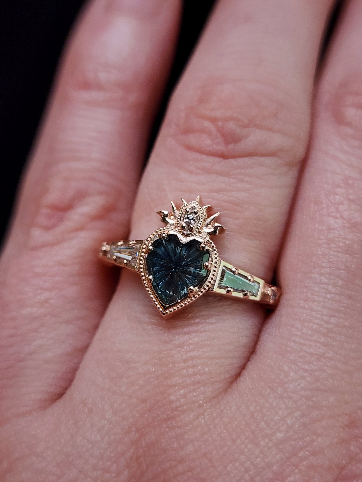 Cosmic Love Flaming Heart Ring with Blue Montana Sapphire in Rose Gold image 10