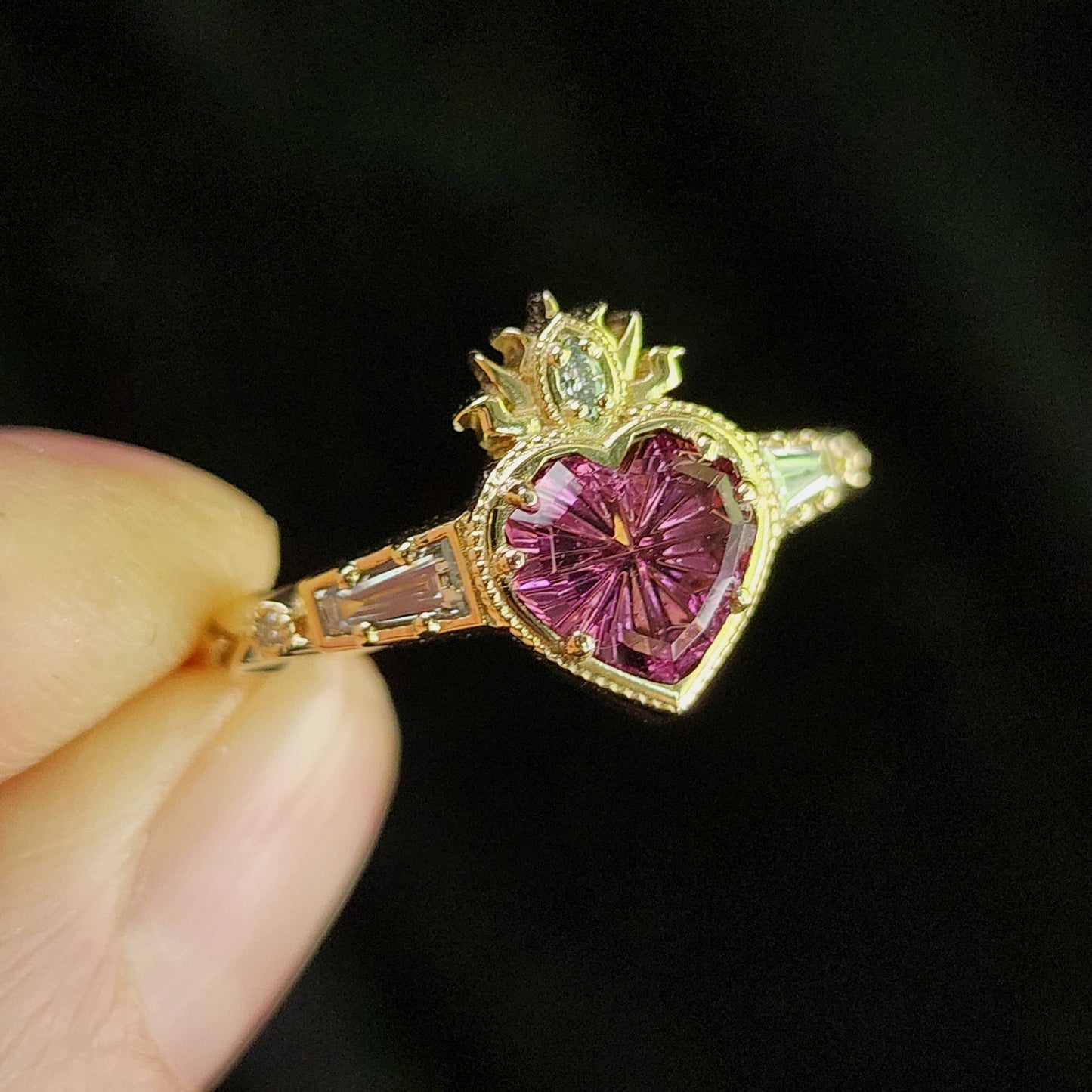 Cosmic Love Flaming Heart Ring with Pink Tourmaline 14k Yellow Gold image 4