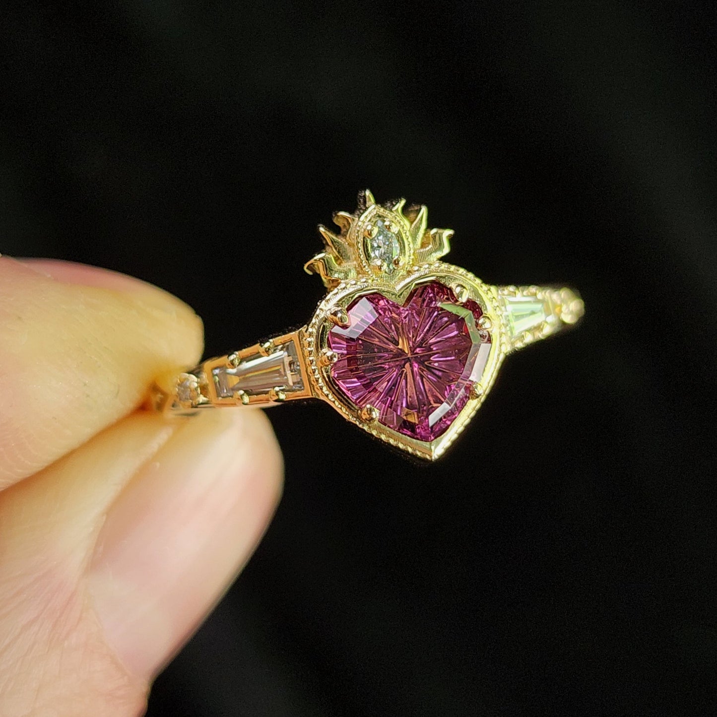 Cosmic Love Flaming Heart Ring with Pink Tourmaline 14k Yellow Gold image 3