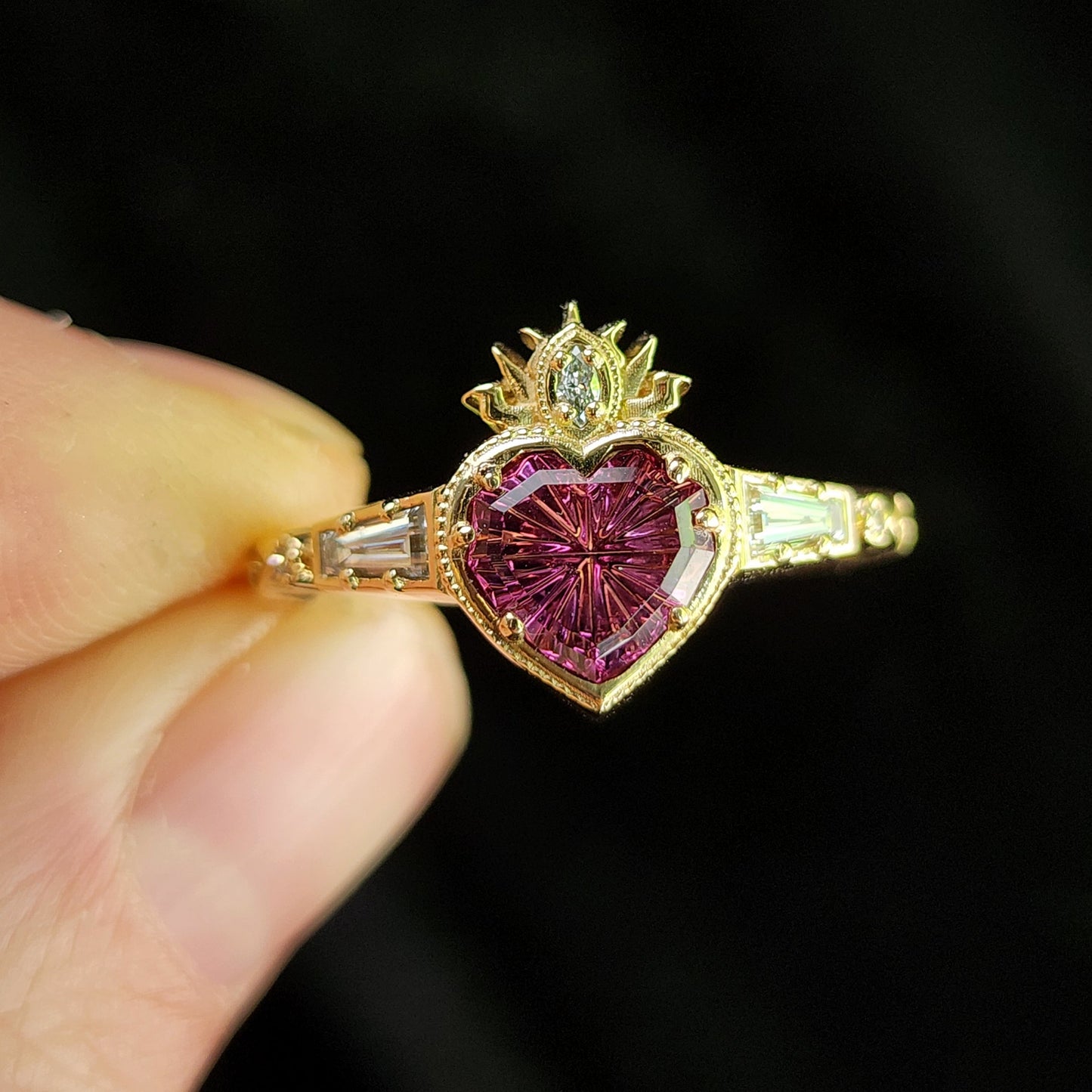 Cosmic Love Flaming Heart Ring with Pink Tourmaline 14k Yellow Gold image 1