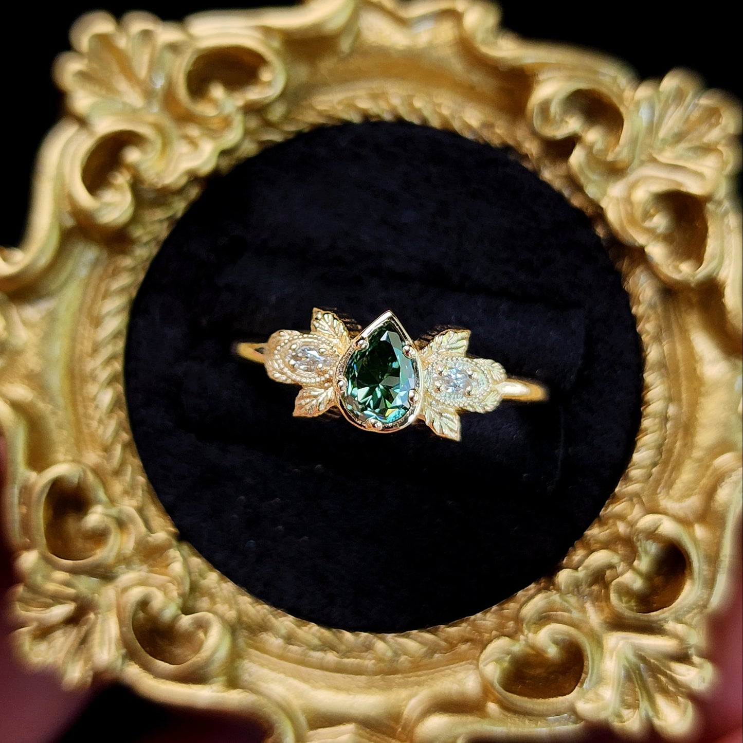 Natural Irradiated Green Pear Diamond Leaf Ring in 14k Yellow Gold image 4