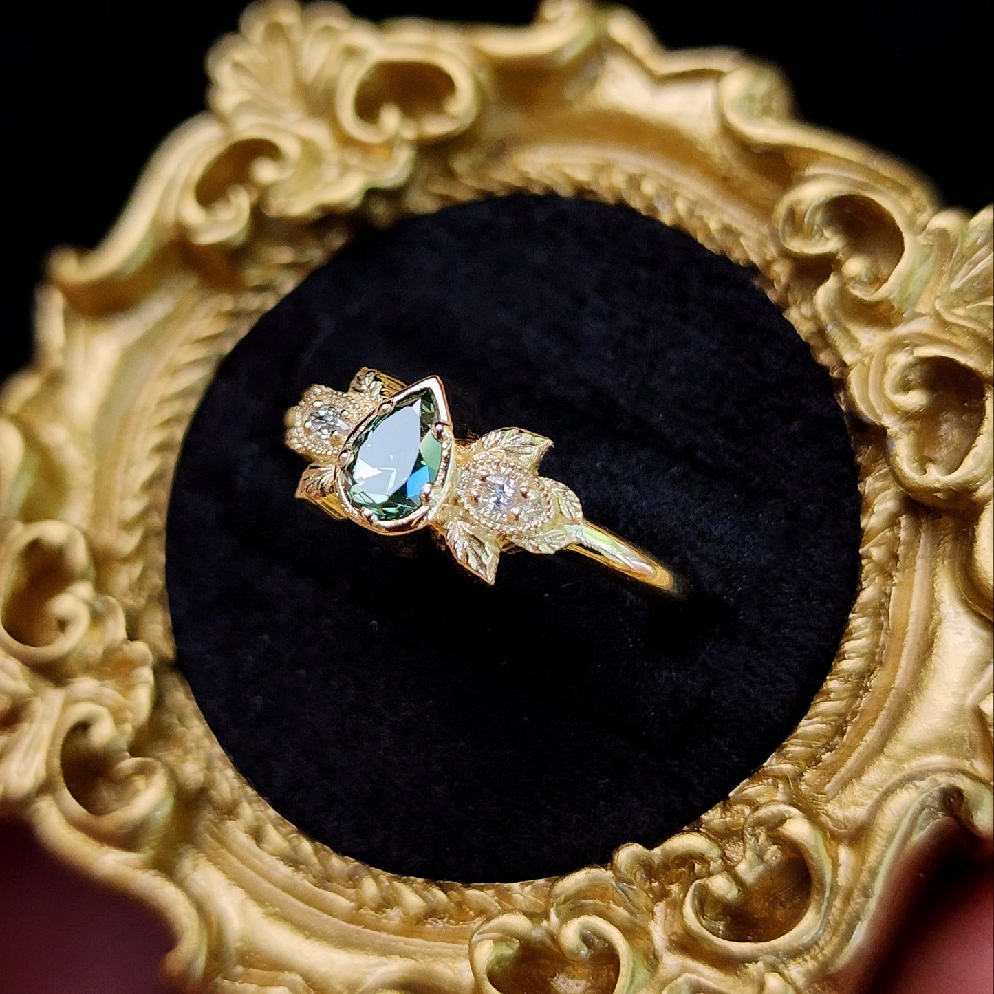 Natural Irradiated Green Pear Diamond Leaf Ring in 14k Yellow Gold image 5