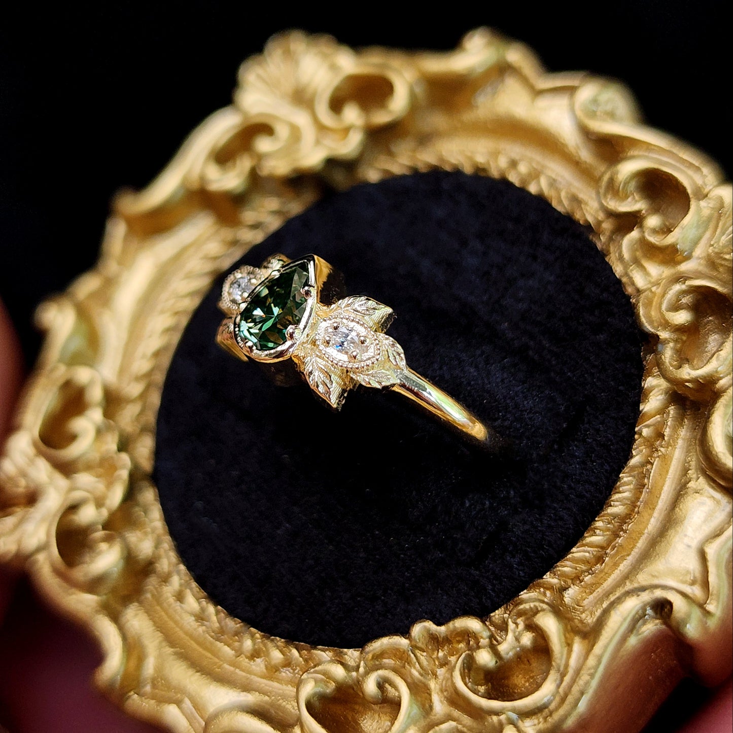 Natural Irradiated Green Pear Diamond Leaf Ring in 14k Yellow Gold image 6