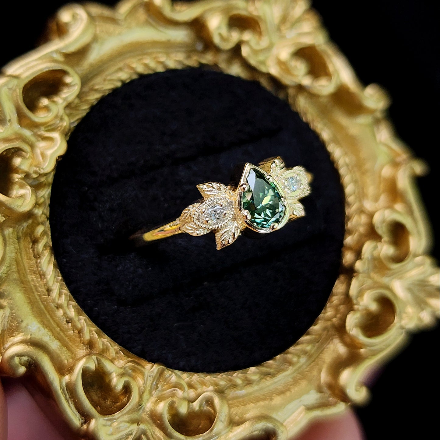Natural Irradiated Green Pear Diamond Leaf Ring in 14k Yellow Gold image 7