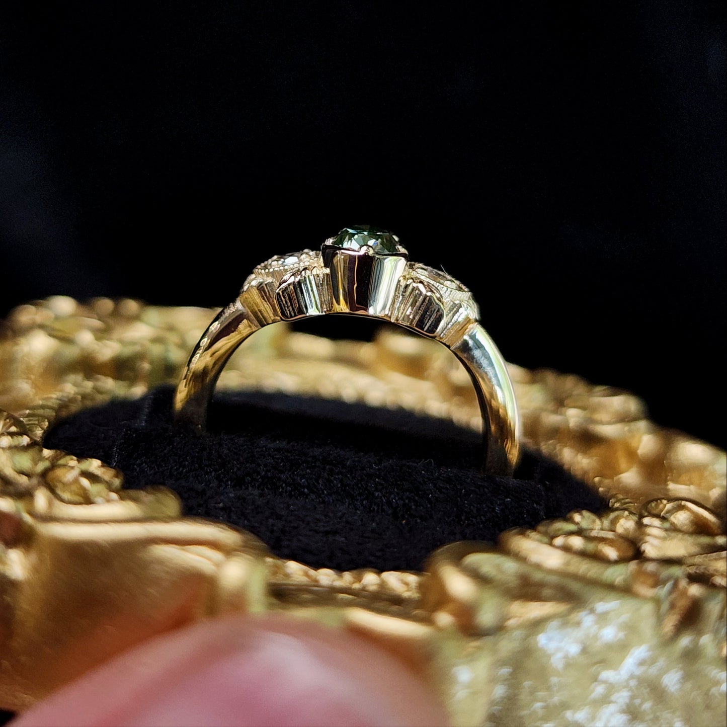 Natural Irradiated Green Pear Diamond Leaf Ring in 14k Yellow Gold image 8