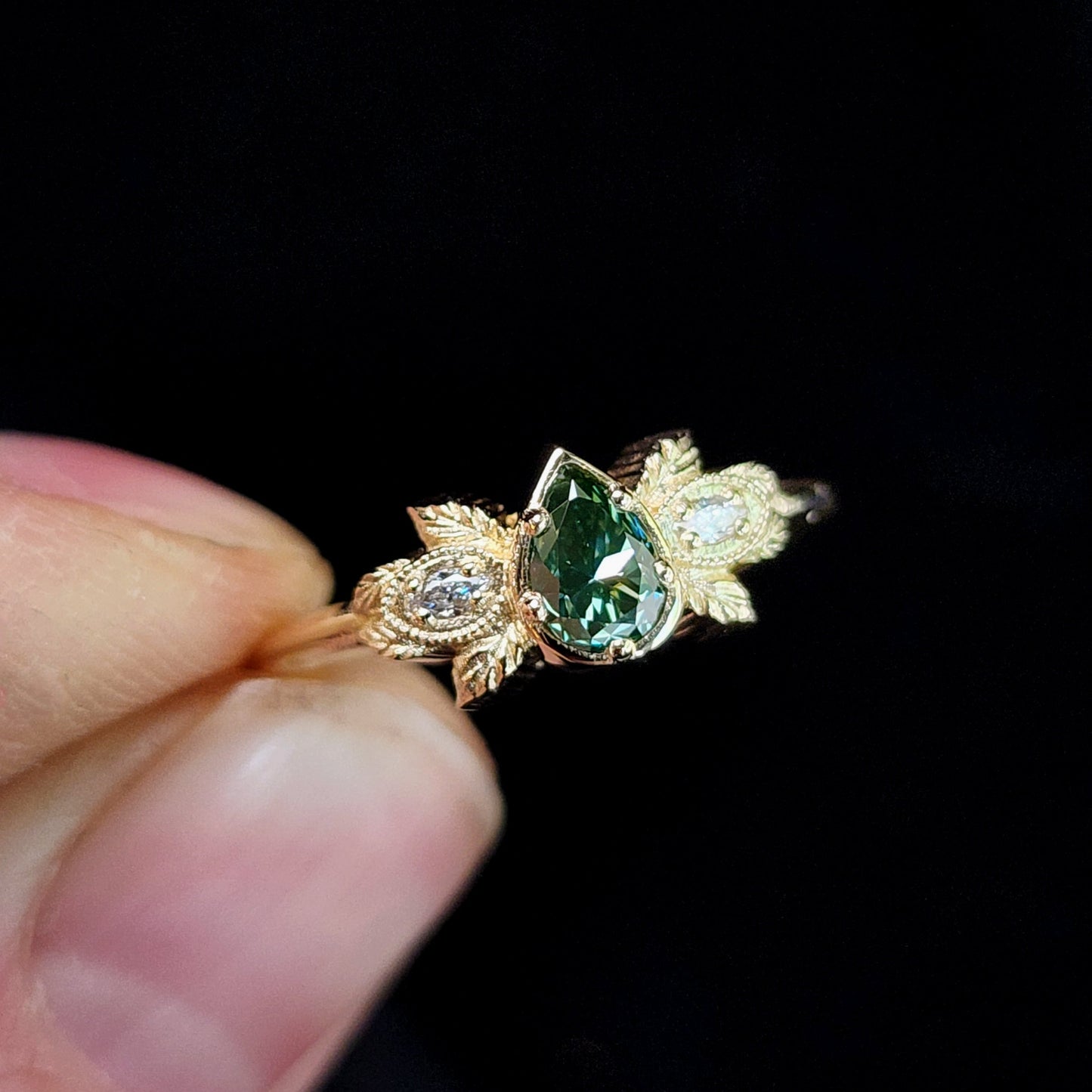Natural Irradiated Green Pear Diamond Leaf Ring in 14k Yellow Gold image 3