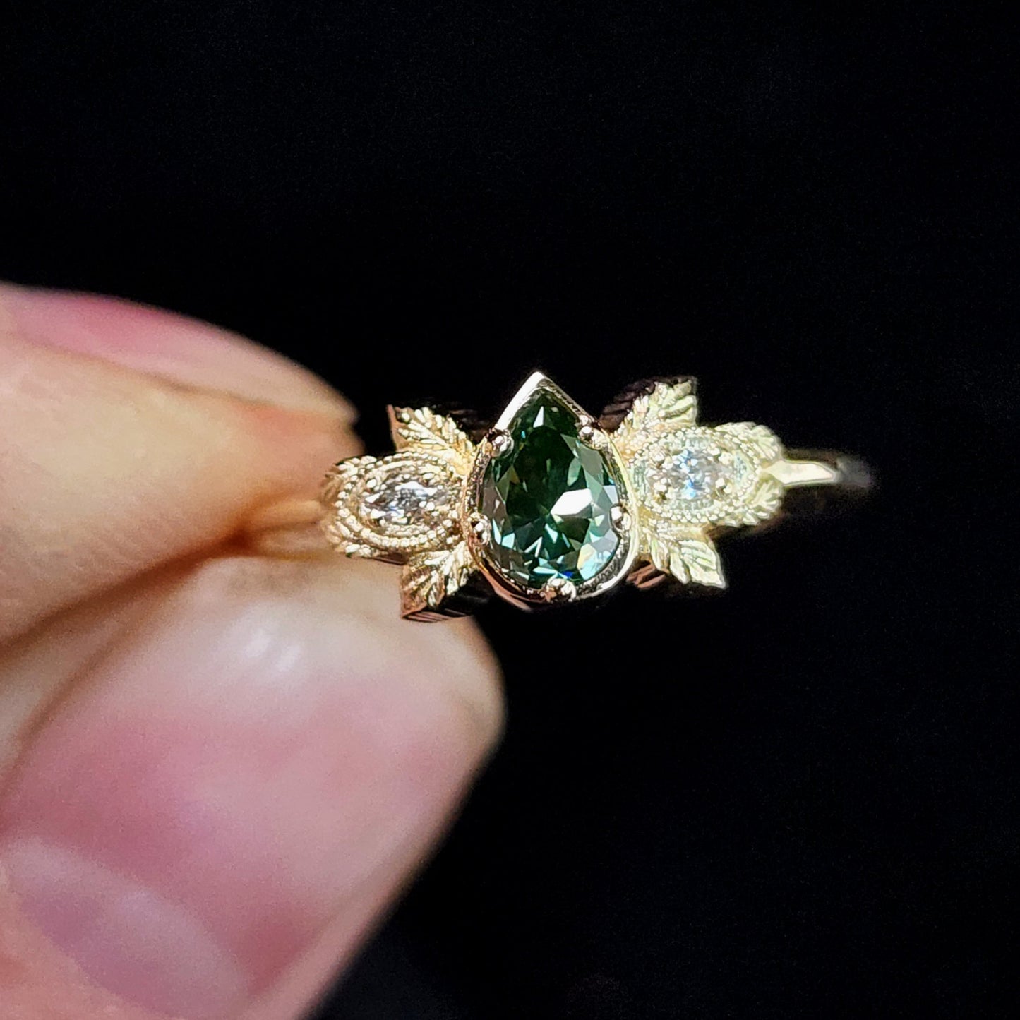 Natural Irradiated Green Pear Diamond Leaf Ring in 14k Yellow Gold 1