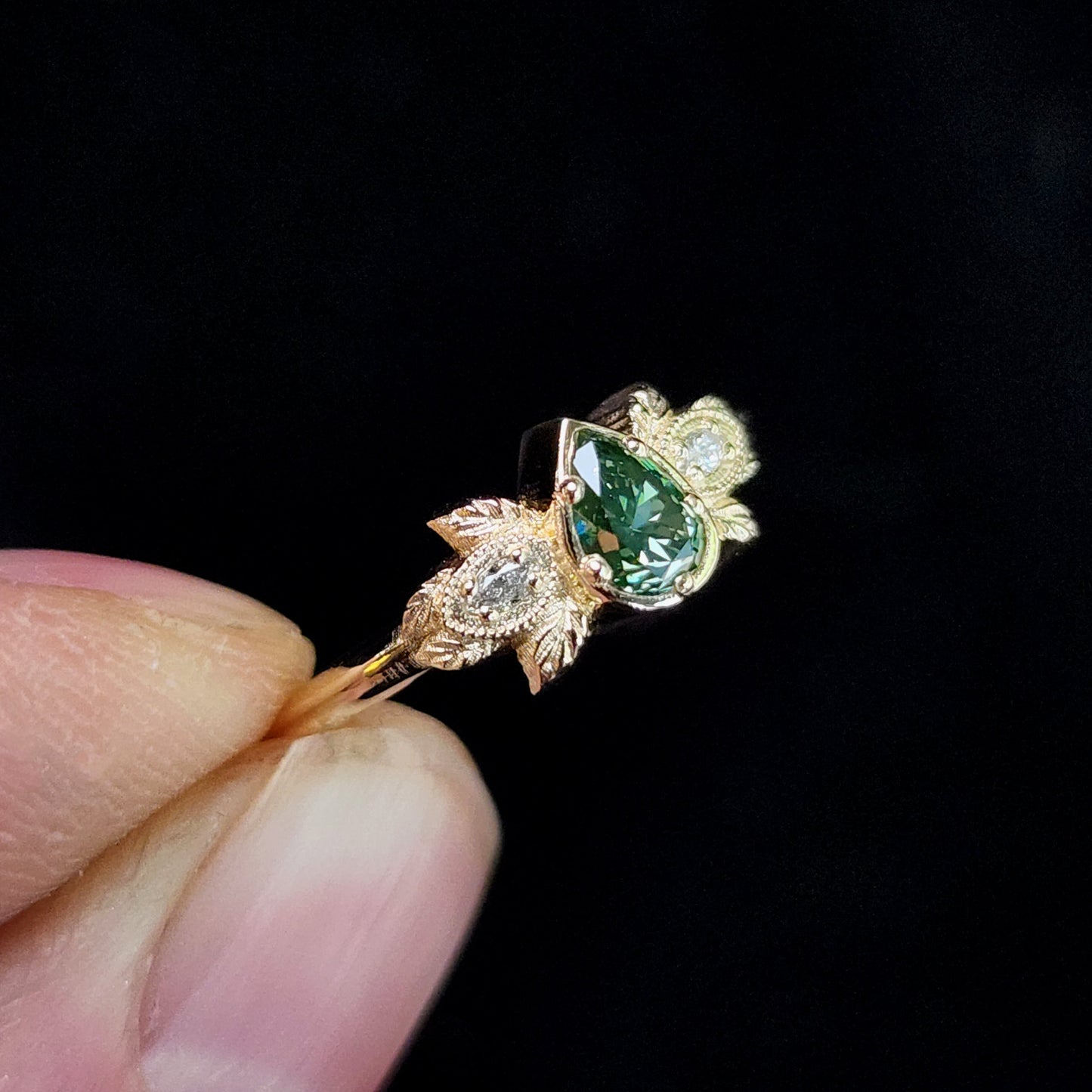 Natural Irradiated Green Pear Diamond Leaf Ring in 14k Yellow Gold image 2