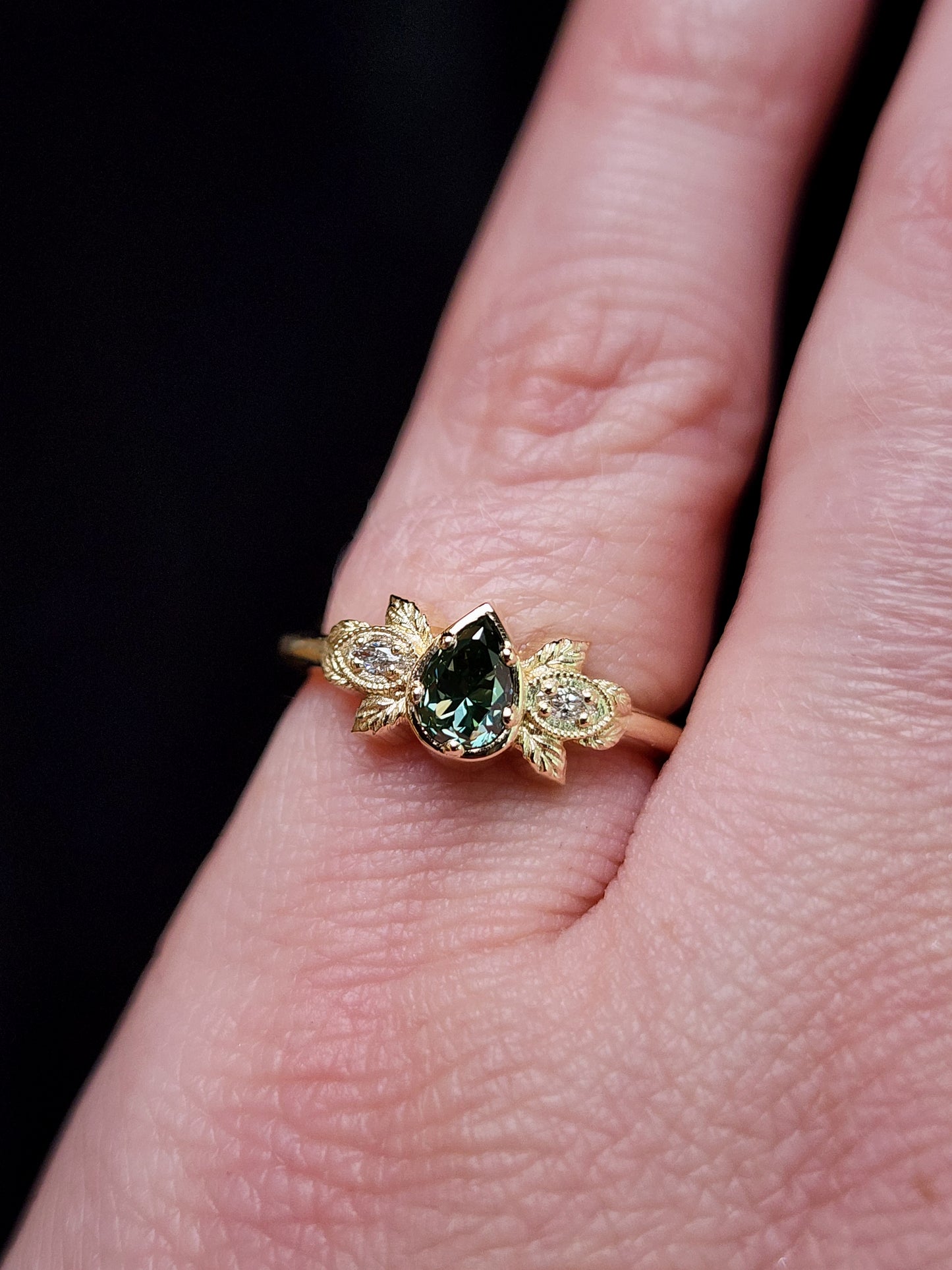 Natural Irradiated Green Pear Diamond Leaf Ring in 14k Yellow Gold image 9