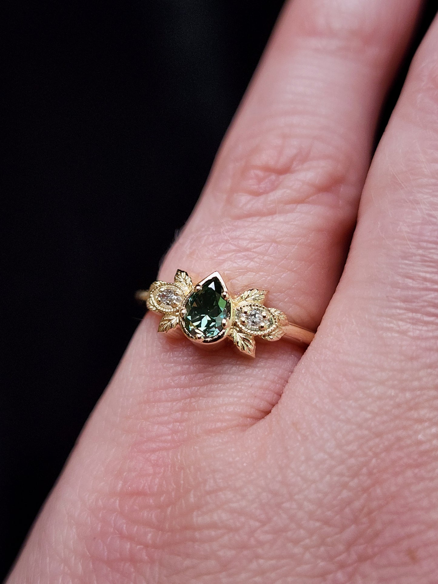Natural Irradiated Green Pear Diamond Leaf Ring in 14k Yellow Gold image 10