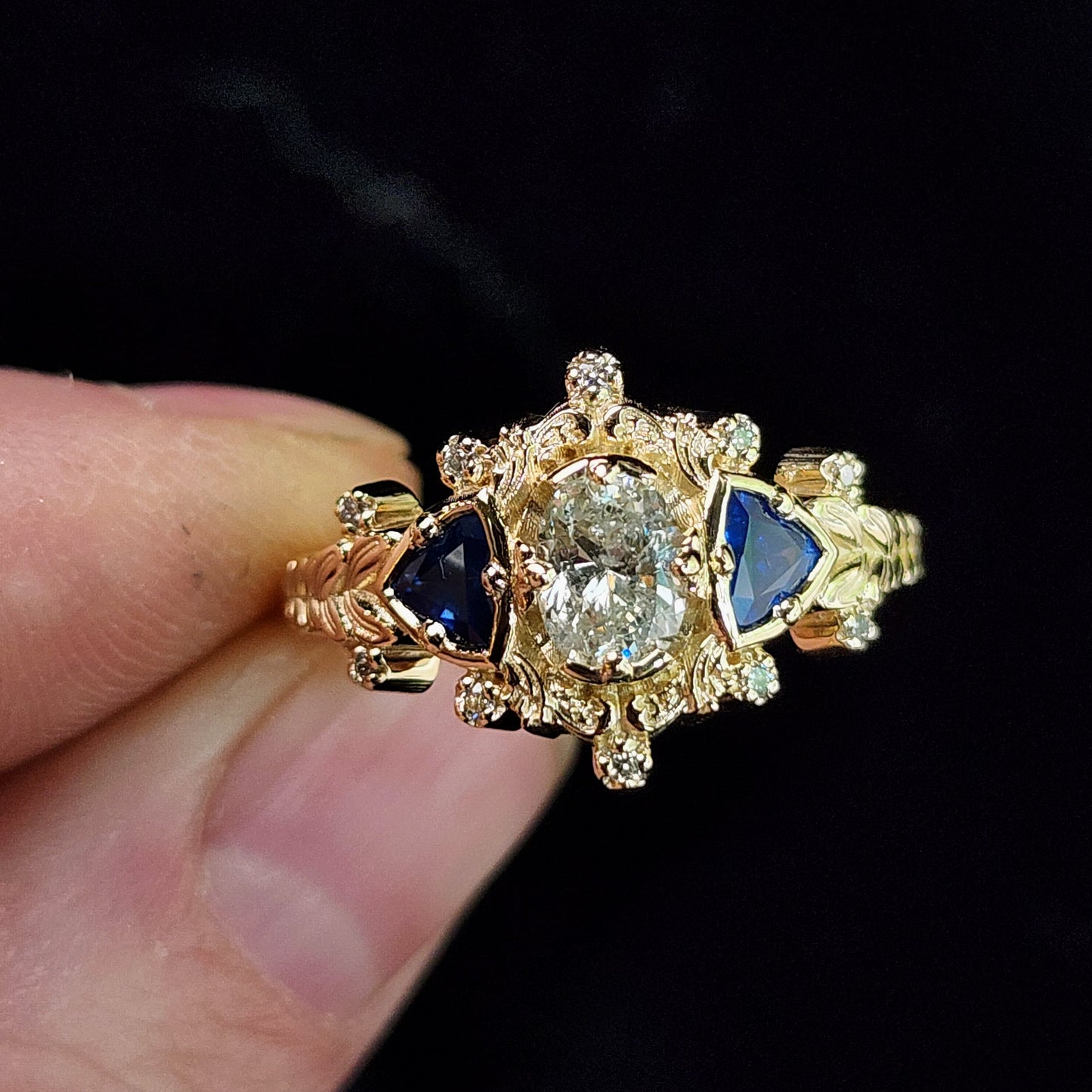 Natural Oval Diamond and Natural Blue Sapphires Leaf and Filigree Ring in 14k Yellow Gold image 3