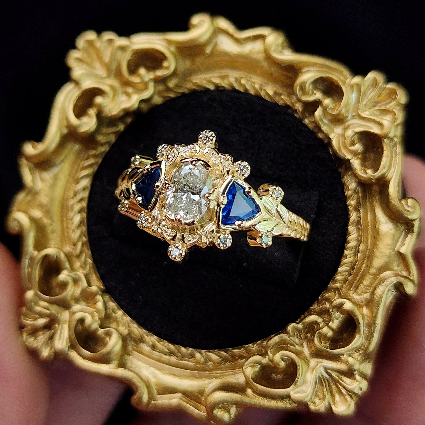 Natural Oval Diamond and Natural Blue Sapphires Leaf and Filigree Ring in 14k Yellow Gold image 6