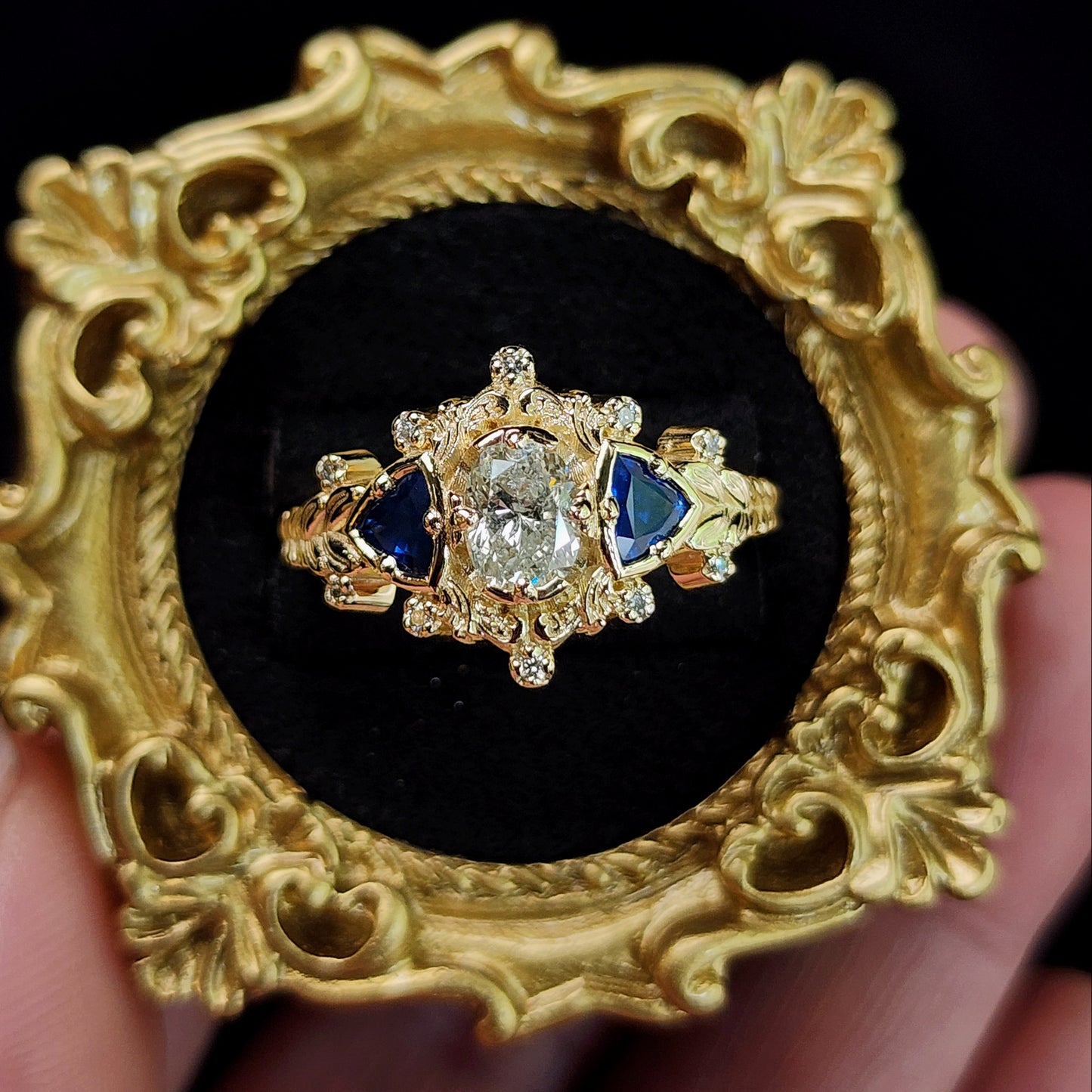 Natural Oval Diamond and Natural Blue Sapphires Leaf and Filigree Ring in 14k Yellow Gold image 1