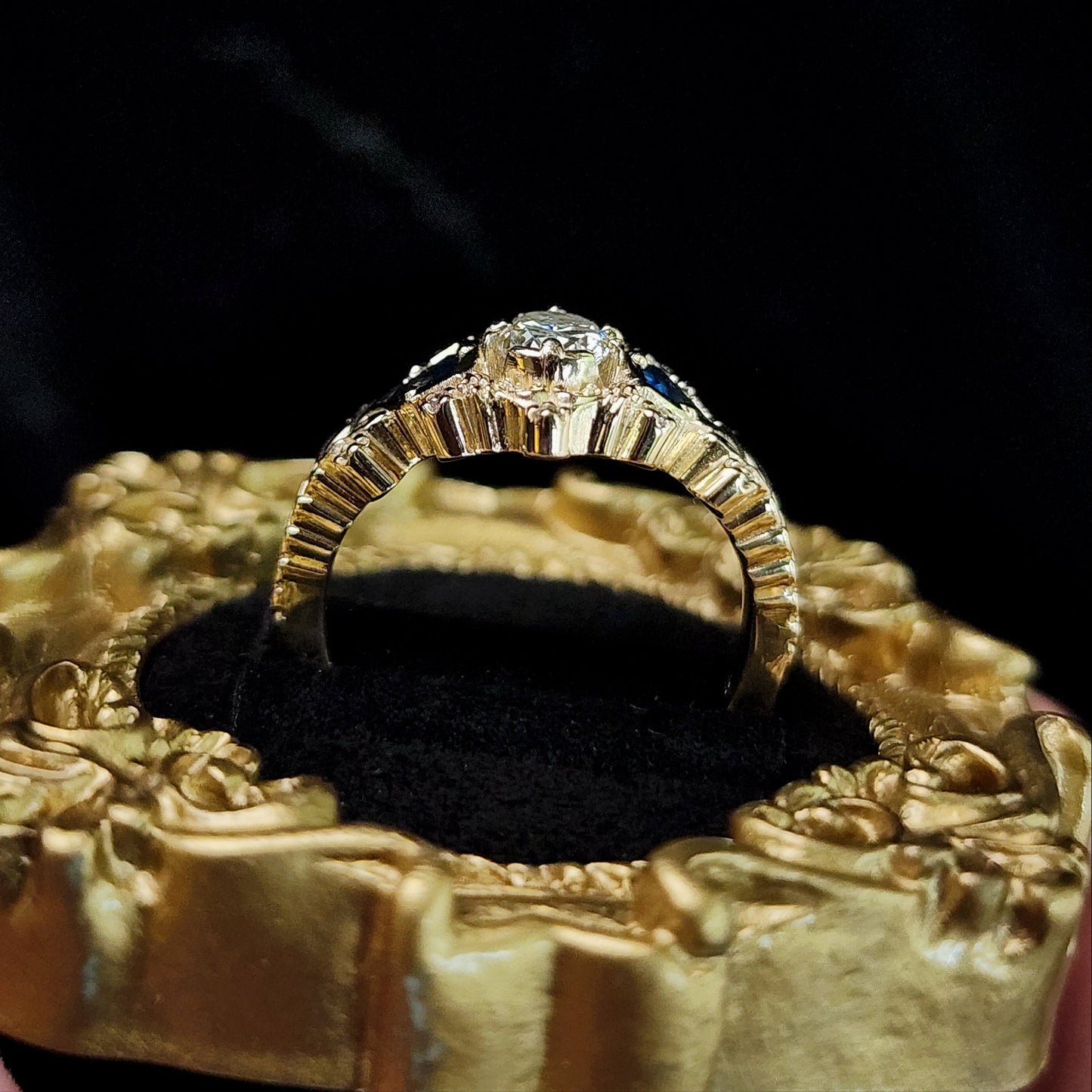 Natural Oval Diamond and Natural Blue Sapphires Leaf and Filigree Ring in 14k Yellow Gold image 7