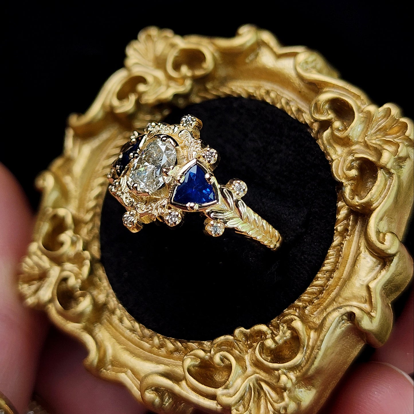 Natural Oval Diamond and Natural Blue Sapphires Leaf and Filigree Ring in 14k Yellow Gold image 8