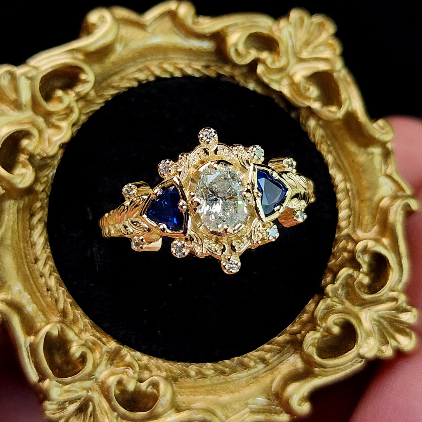 Natural Oval Diamond and Natural Blue Sapphires Leaf and Filigree Ring in 14k Yellow Gold image 9