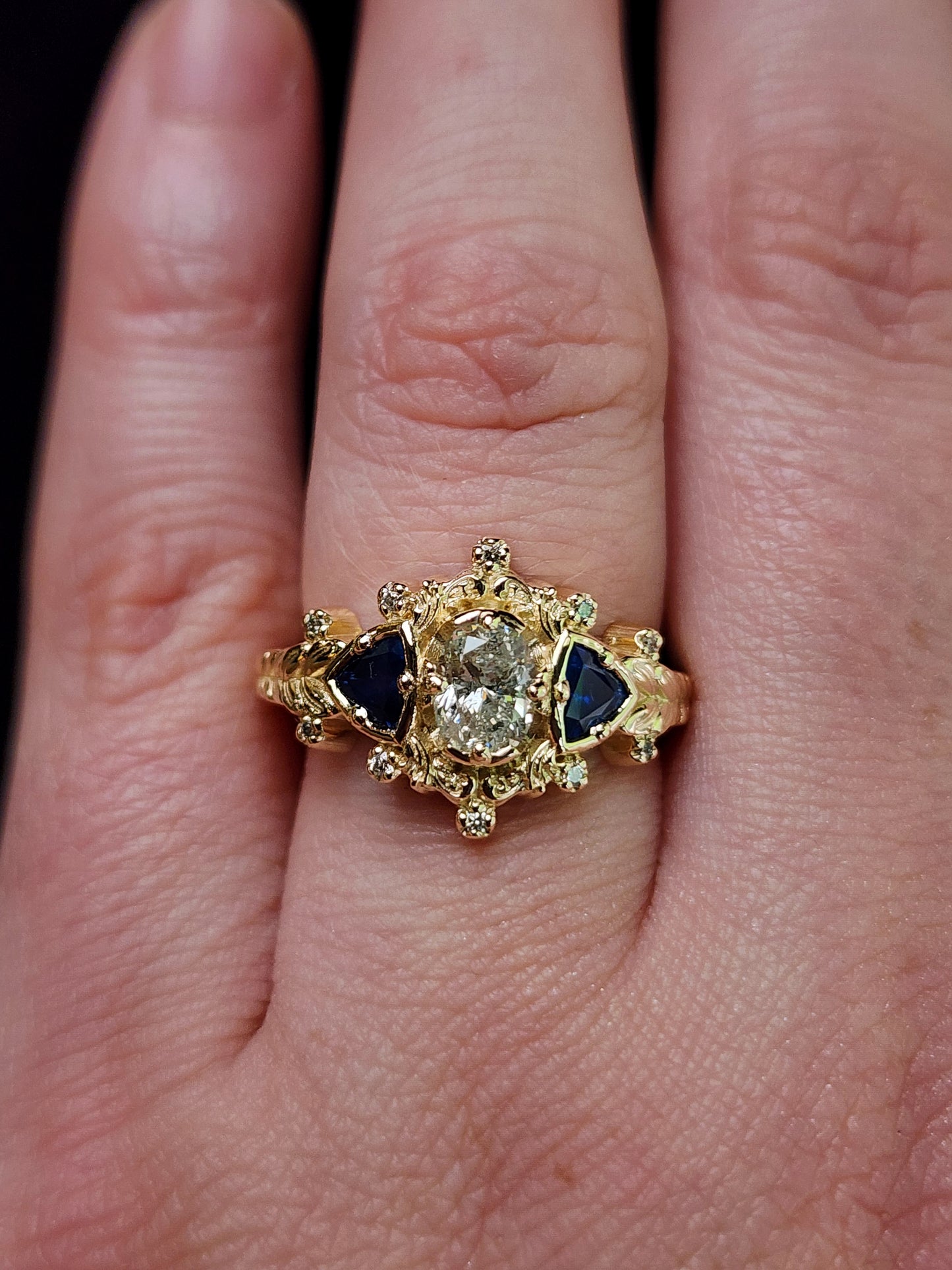 Natural Oval Diamond and Natural Blue Sapphires Leaf and Filigree Ring in 14k Yellow Gold image 13