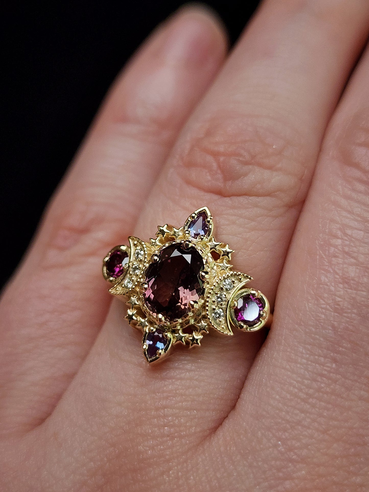 Ready to Ship Size 5.5-7.5 - Sparkling Cosmos with Natural Cranberry Oval Sapphire and Alexandrite