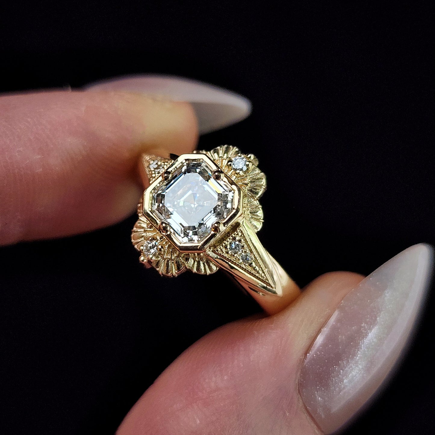 Lady Mary Art Deco Tudor Wide Band Ring with Asscher Diamond in Yellow Gold image 4