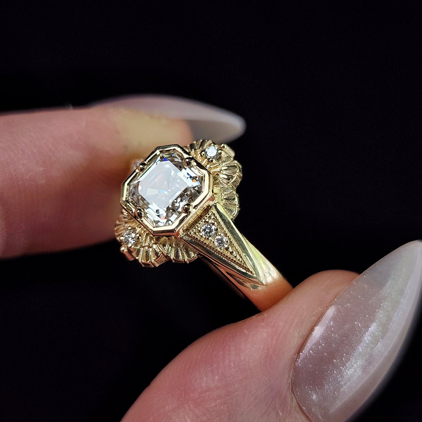 Lady Mary Art Deco Tudor Wide Band Ring with Asscher Diamond in Yellow Gold image 2