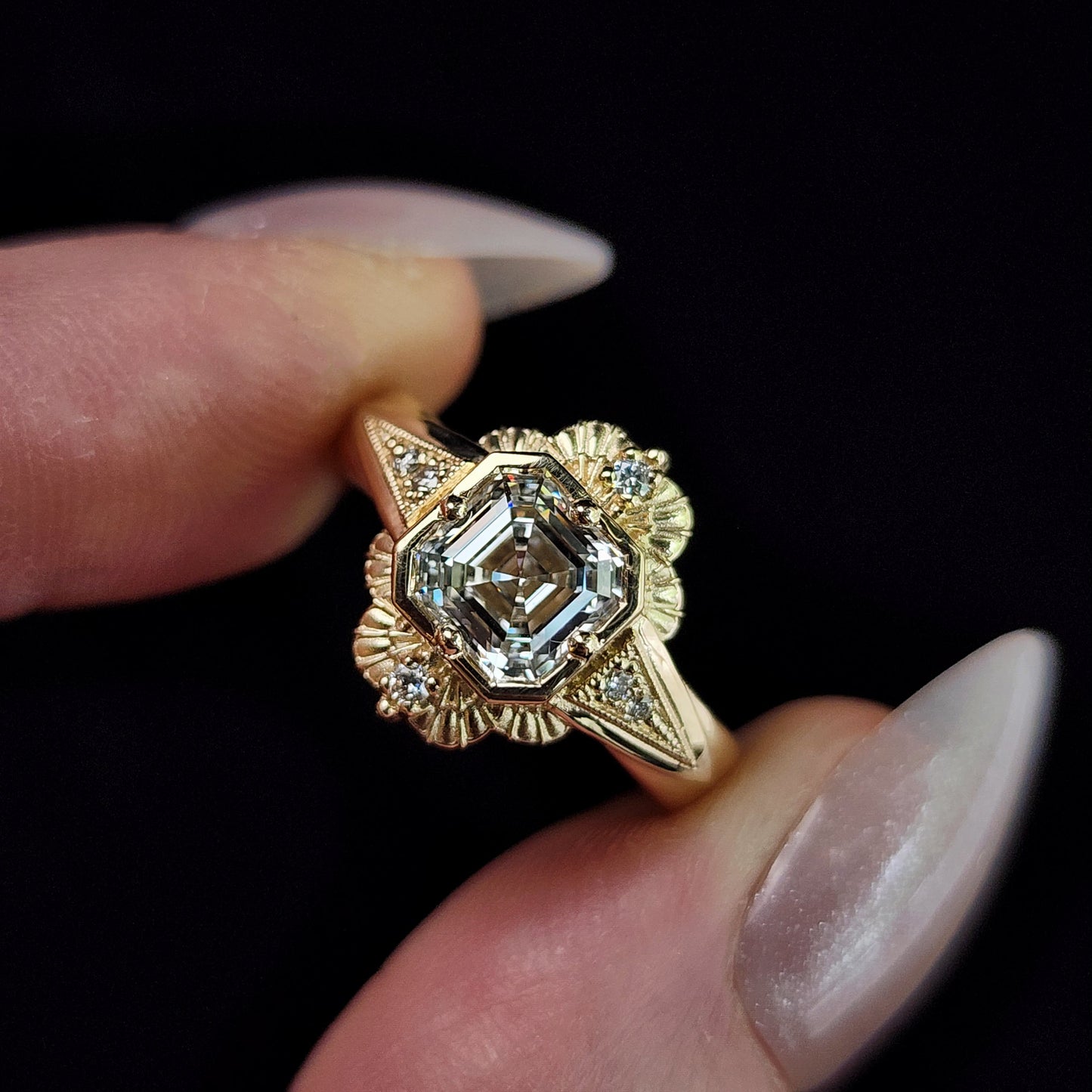 Lady Mary Art Deco Tudor Wide Band Ring with Asscher Diamond in Yellow Gold image 3