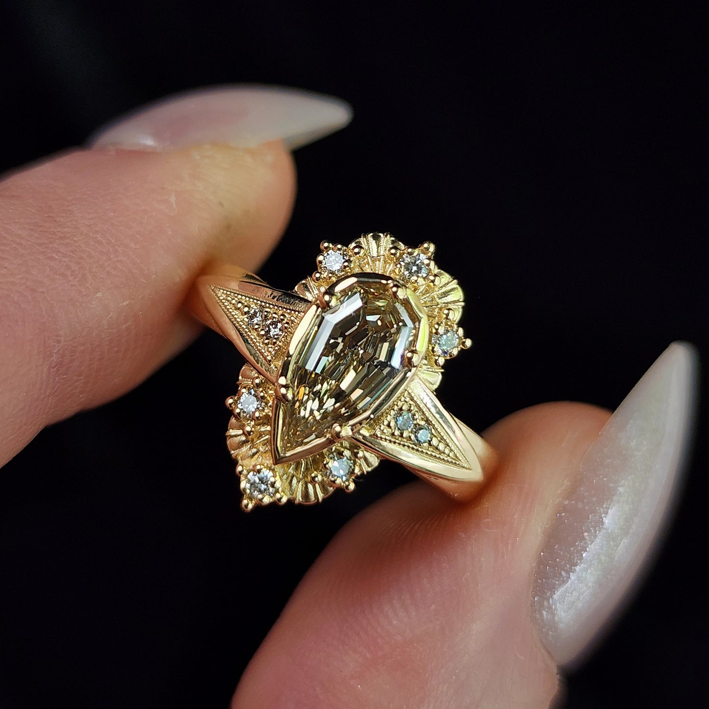 Lady Anne Wide Band Art Deco Tudor Ring with Natural Champagne Geometric Step Cut Pear Diamond 14k Yellow Gold image 3
