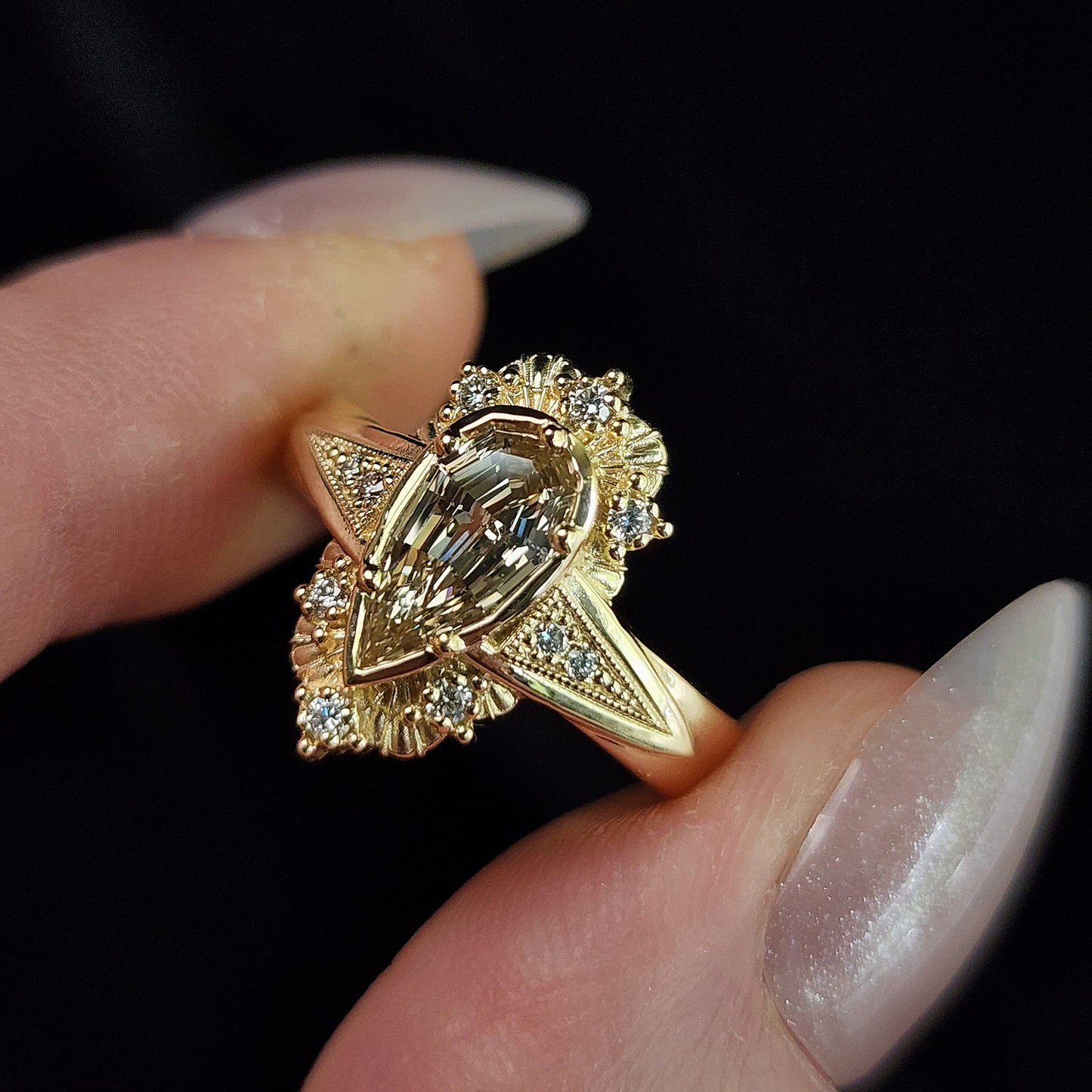 Lady Anne Wide Band Art Deco Tudor Ring with Natural Champagne Geometric Step Cut Pear Diamond 14k Yellow Gold image 4