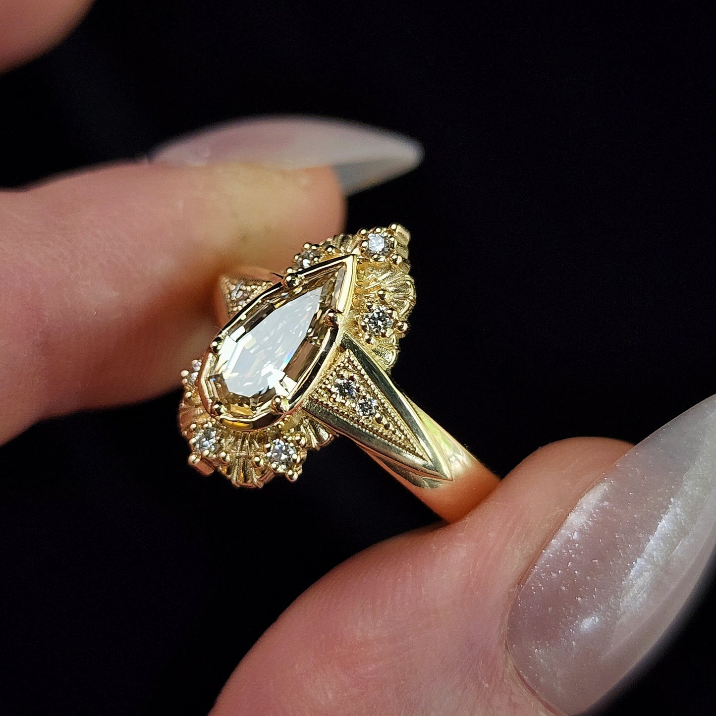 Lady Anne Wide Band Art Deco Tudor Ring with Natural Champagne Geometric Step Cut Pear Diamond 14k Yellow Gold image 5