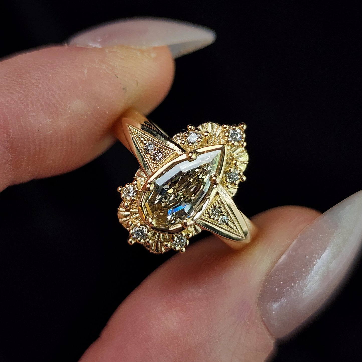 Lady Anne Wide Band Art Deco Tudor Ring with Natural Champagne Geometric Step Cut Pear Diamond 14k Yellow Gold image 2