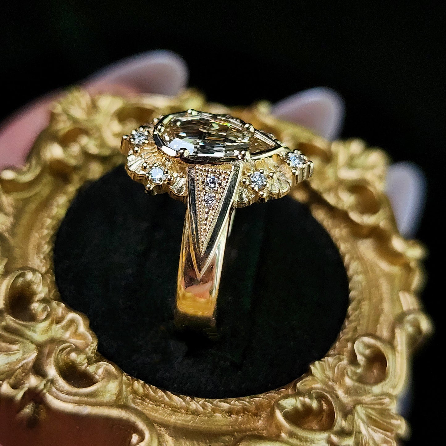 Lady Anne Wide Band Art Deco Tudor Ring with Natural Champagne Geometric Step Cut Pear Diamond 14k Yellow Gold image 6