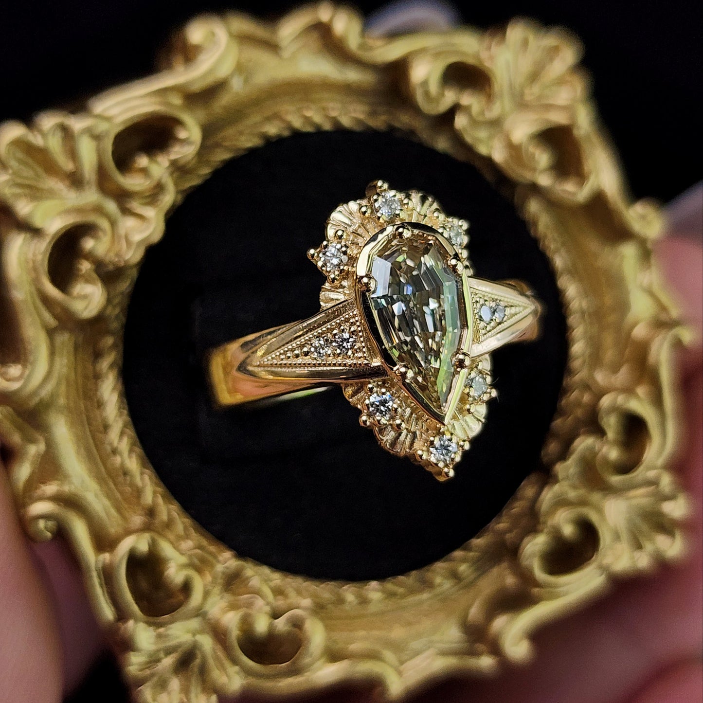 Lady Anne Wide Band Art Deco Tudor Ring with Natural Champagne Geometric Step Cut Pear Diamond 14k Yellow Gold image 7