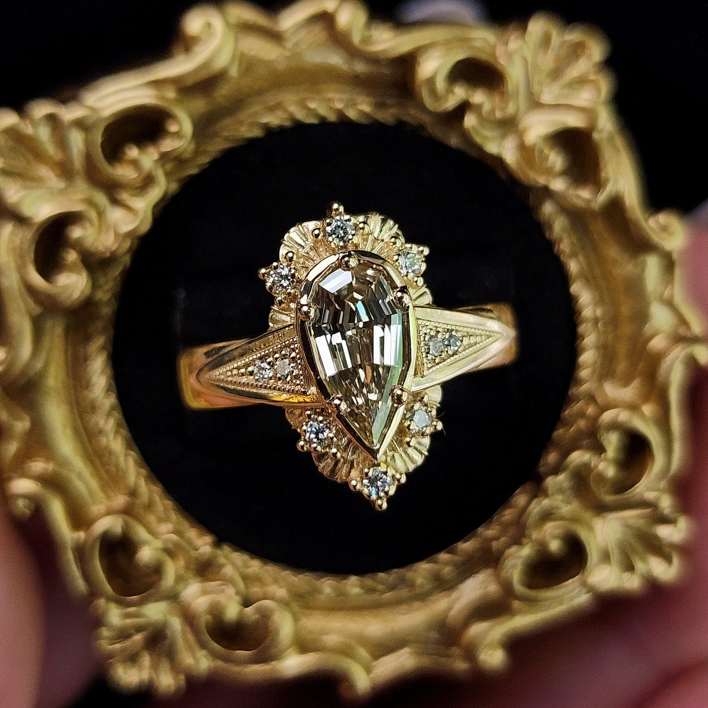 Lady Anne Wide Band Art Deco Tudor Ring with Natural Champagne Geometric Step Cut Pear Diamond 14k Yellow Gold image 1