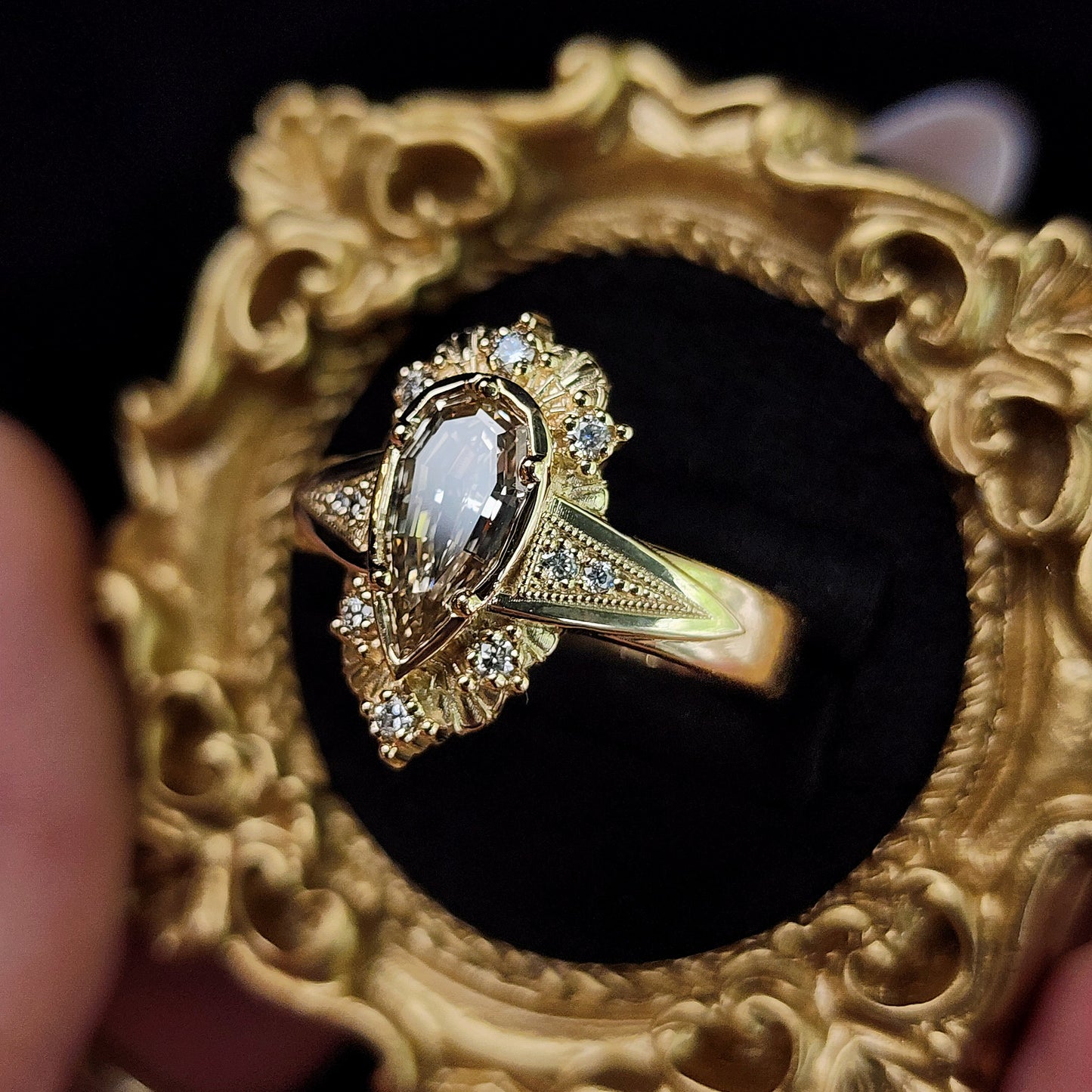 Lady Anne Wide Band Art Deco Tudor Ring with Natural Champagne Geometric Step Cut Pear Diamond 14k Yellow Gold image 8
