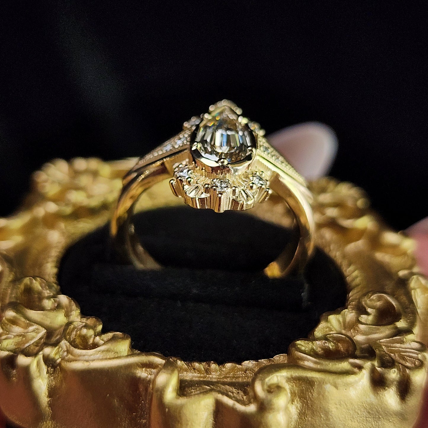 Lady Anne Wide Band Art Deco Tudor Ring with Natural Champagne Geometric Step Cut Pear Diamond 14k Yellow Gold image 9