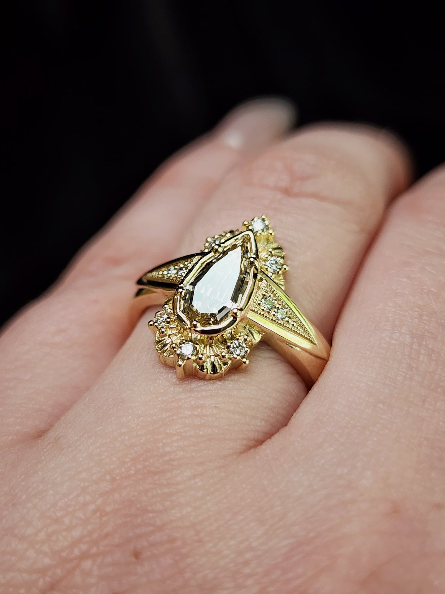 Lady Anne Wide Band Art Deco Tudor Ring with Natural Champagne Geometric Step Cut Pear Diamond 14k Yellow Gold image 12