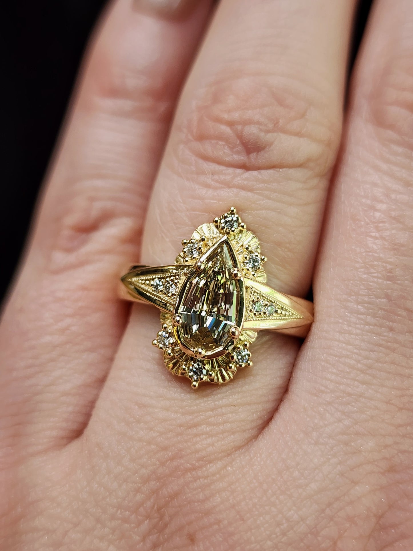 Lady Anne Wide Band Art Deco Tudor Ring with Natural Champagne Geometric Step Cut Pear Diamond 14k Yellow Gold image 11