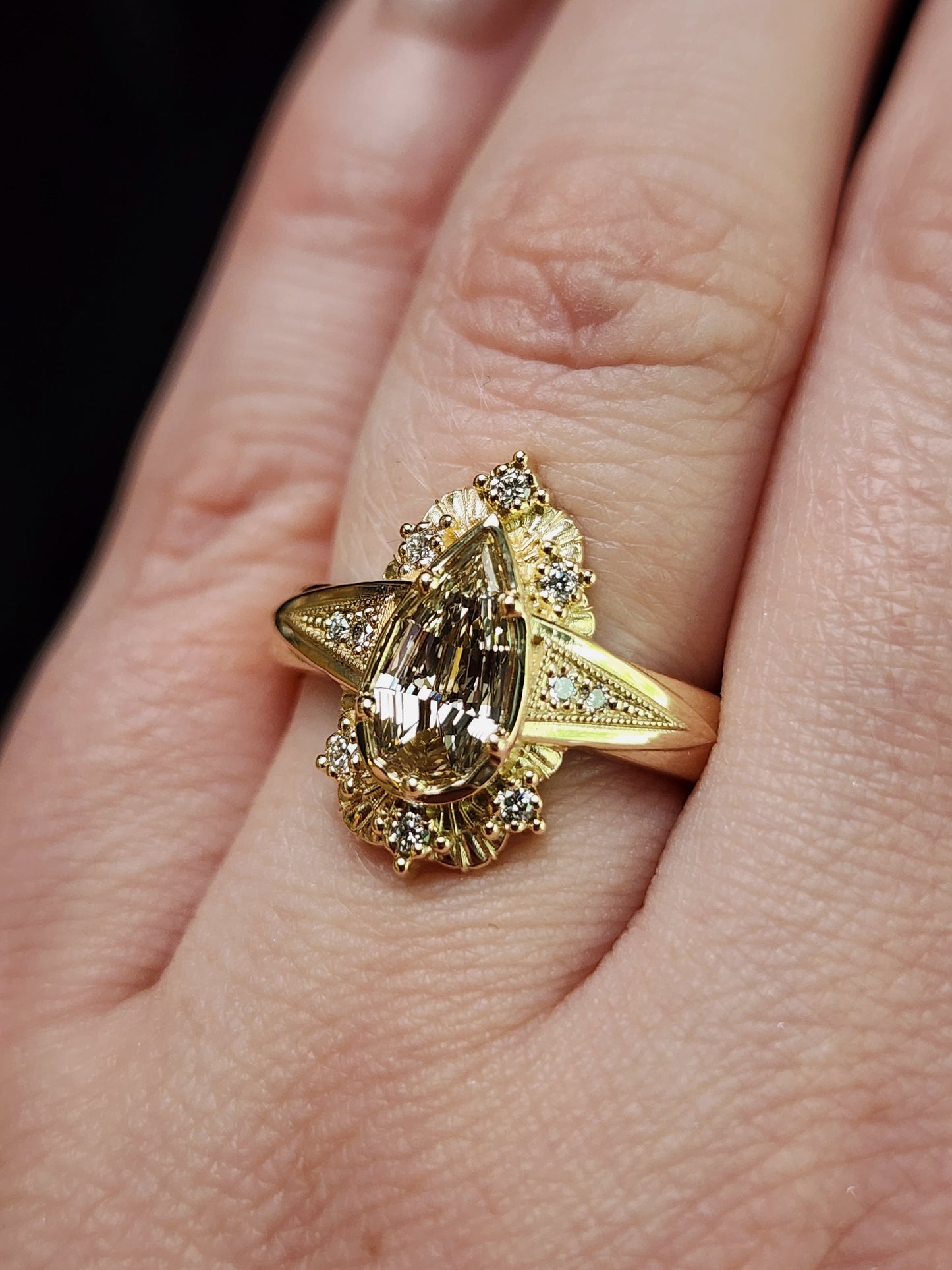 Lady Anne Wide Band Art Deco Tudor Ring with Natural Champagne Geometric Step Cut Pear Diamond 14k Yellow Gold image 10