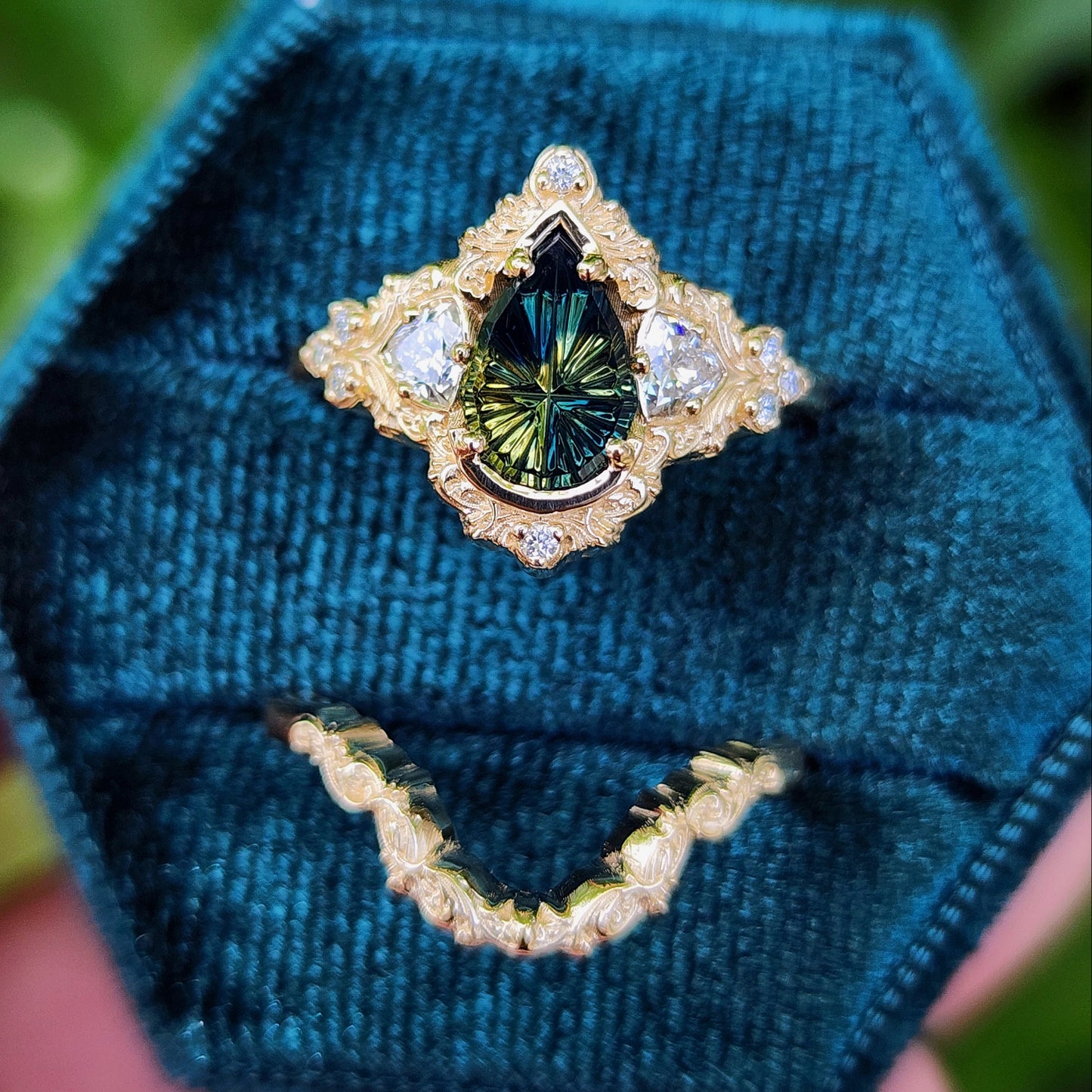 1.32ct Parti Sapphire Pear Fantasy Cut Delilah Ring Set 14k Yellow Gold image 1
