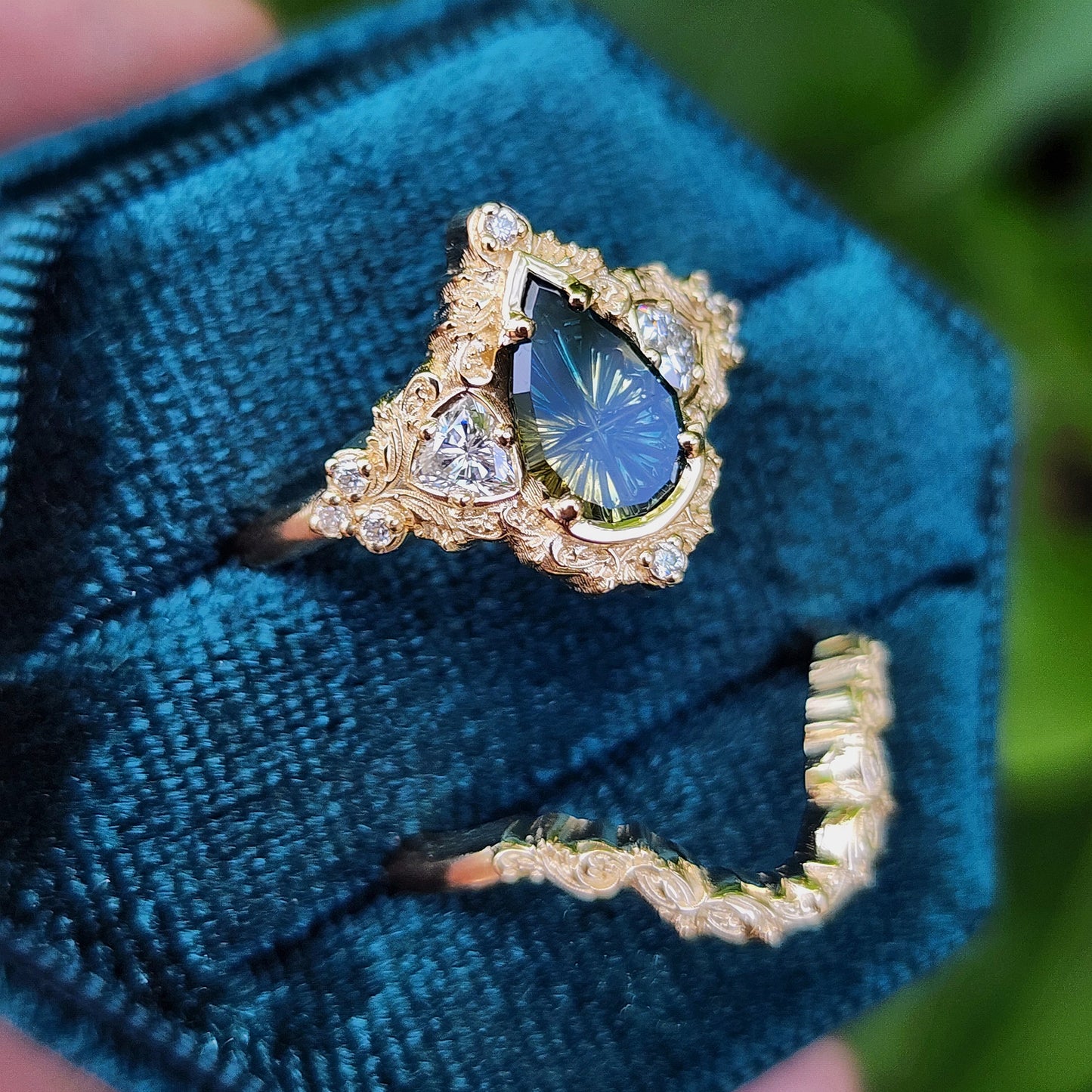1.32ct Parti Sapphire Pear Fantasy Cut Delilah Ring Set 14k Yellow Gold image 4