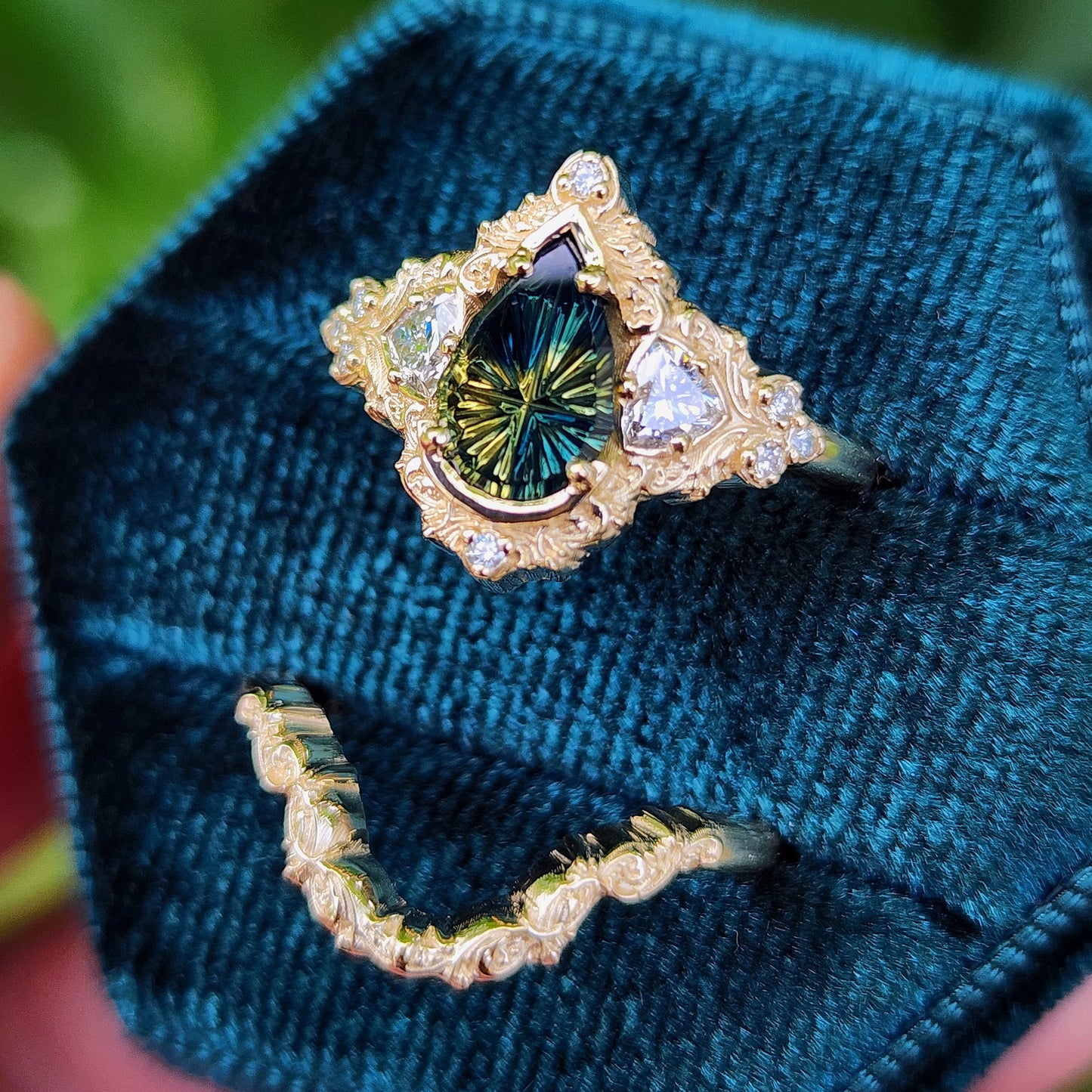 1.32ct Parti Sapphire Pear Fantasy Cut Delilah Ring Set 14k Yellow Gold image 3
