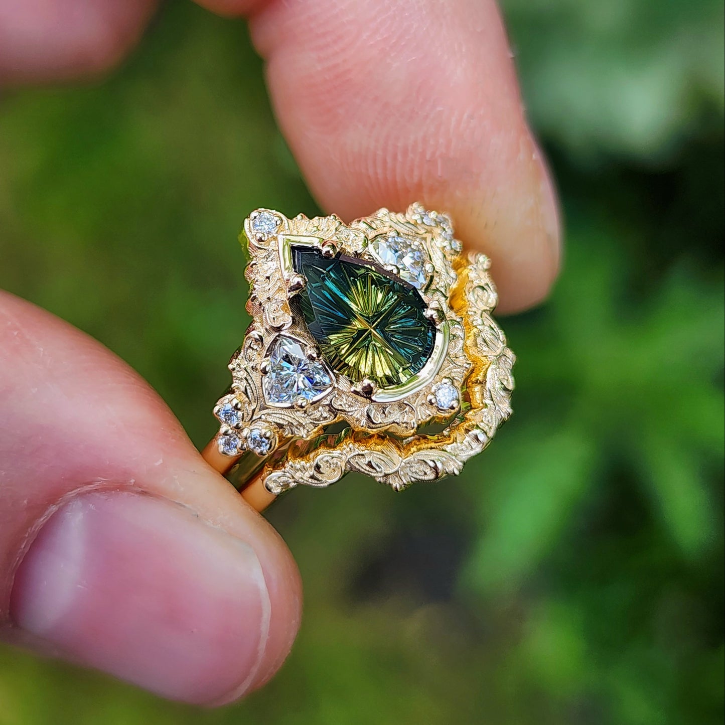 1.32ct Parti Sapphire Pear Fantasy Cut Delilah Ring Set 14k Yellow Gold image 7