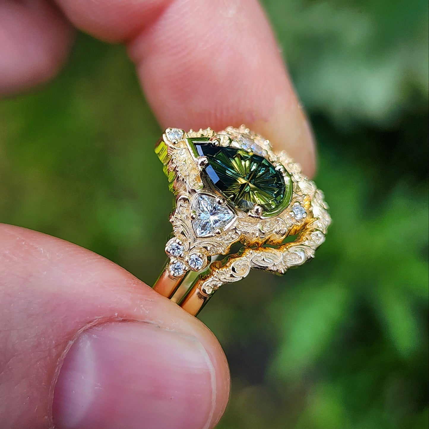1.32ct Parti Sapphire Pear Fantasy Cut Delilah Ring Set 14k Yellow Gold image 6