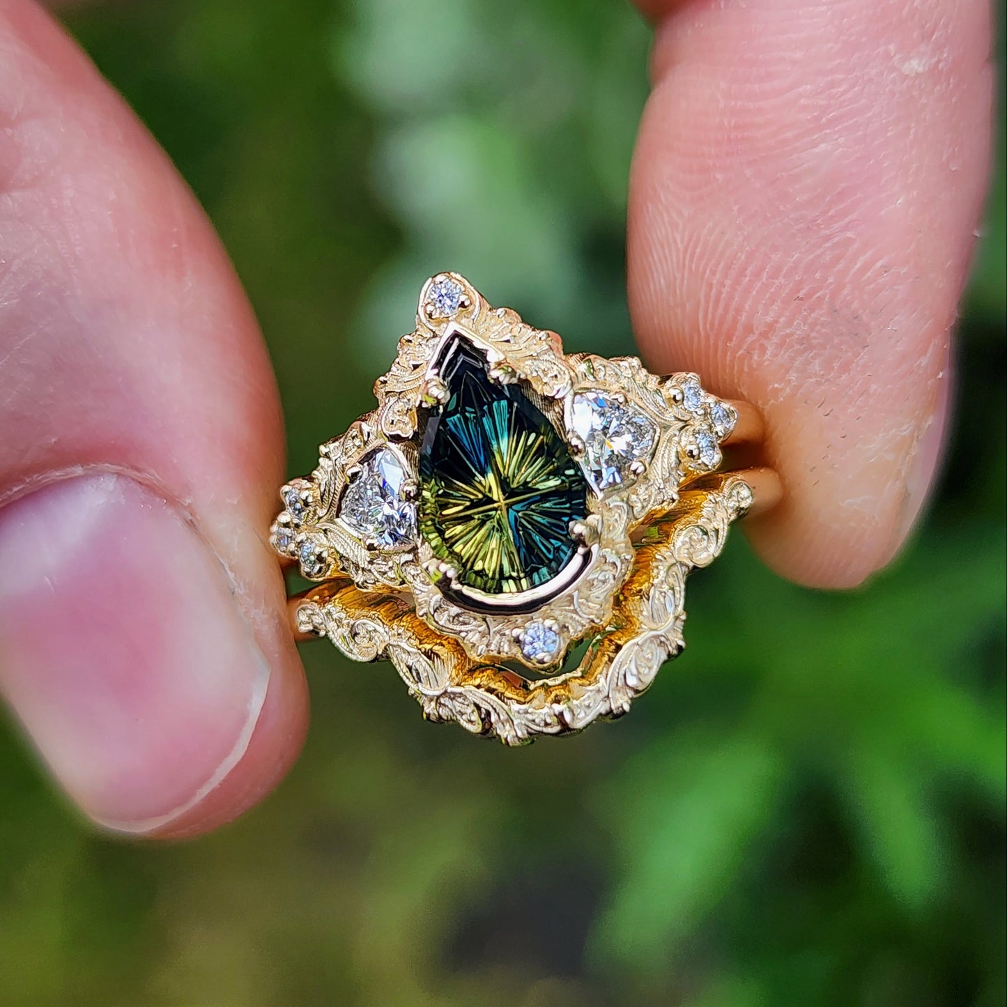 1.32ct Parti Sapphire Pear Fantasy Cut Delilah Ring Set 14k Yellow Gold image 2