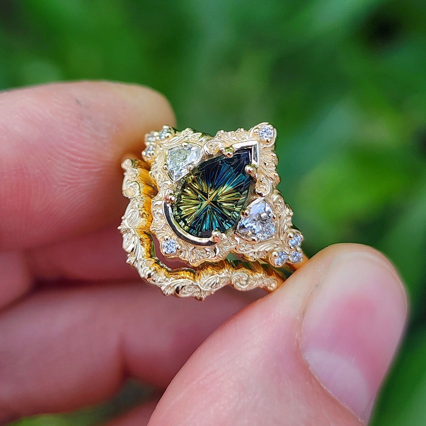1.32ct Parti Sapphire Pear Fantasy Cut Delilah Ring Set 14k Yellow Gold image 5