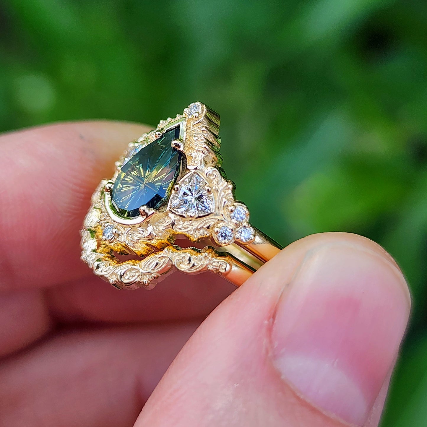 1.32ct Parti Sapphire Pear Fantasy Cut Delilah Ring Set 14k Yellow Gold image 8