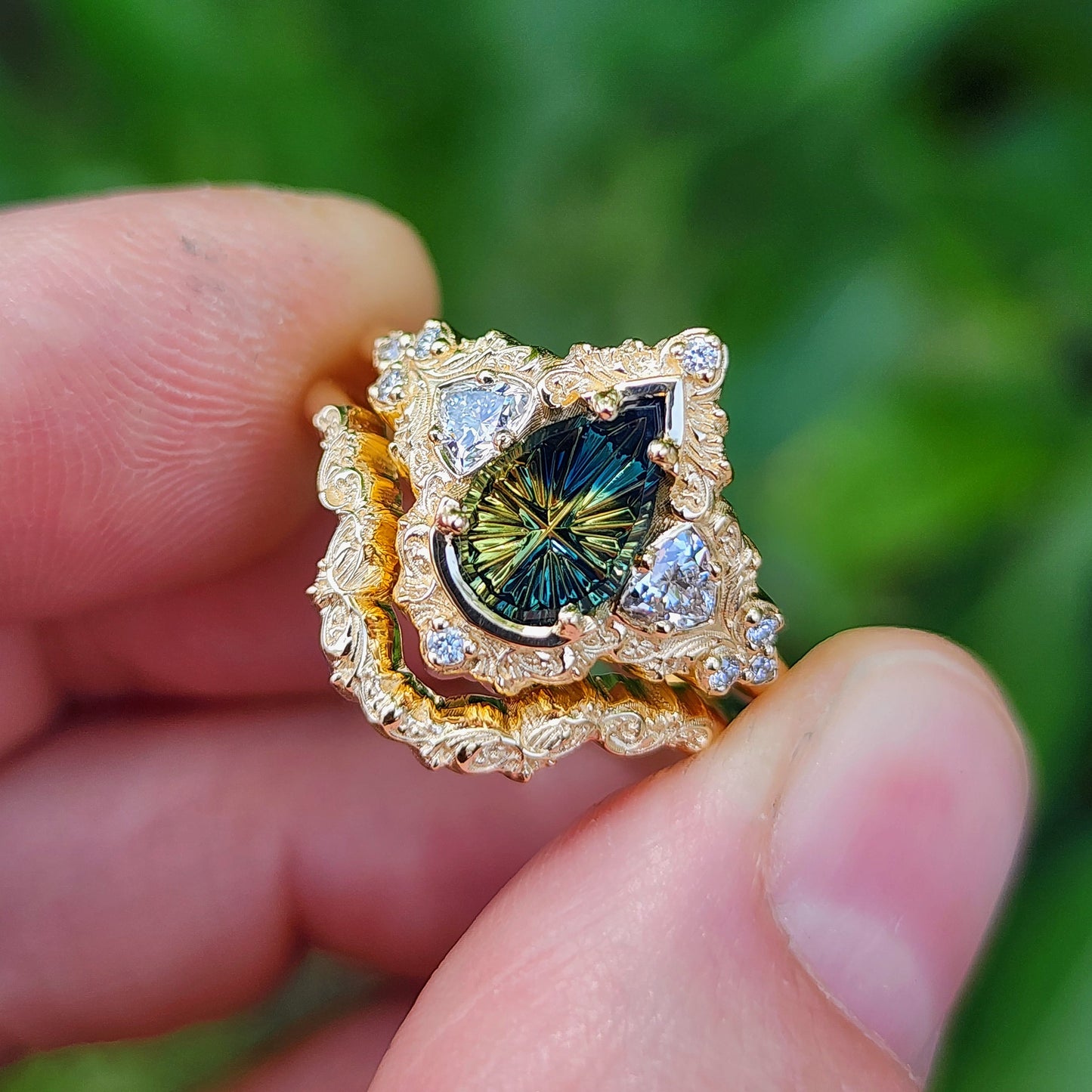 1.32ct Parti Sapphire Pear Fantasy Cut Delilah Ring Set 14k Yellow Gold image 9
